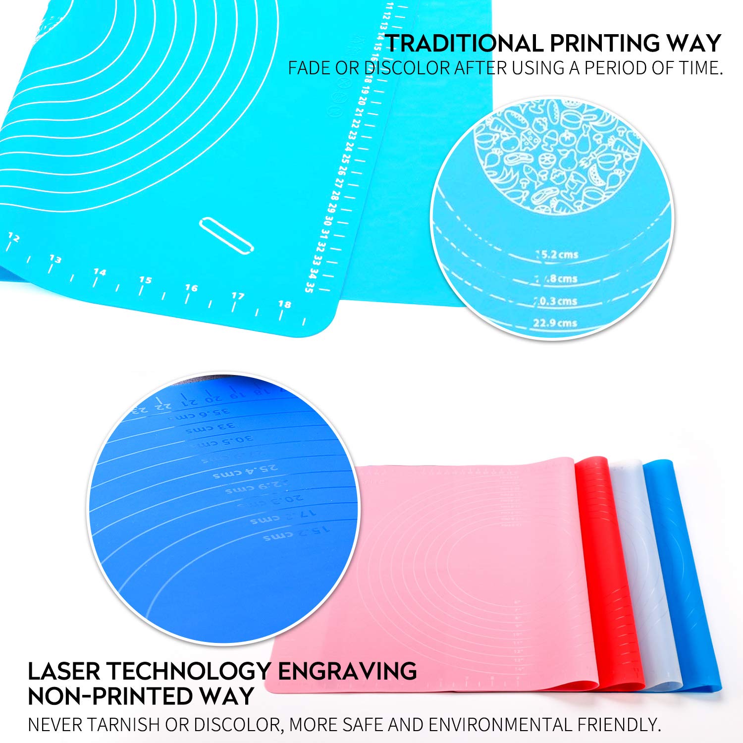 Extra Large Reusable Silicone Non-Stick Baking Mat with Measurements - Dough Rolling Pastry Mat for Countertop Protection, Fondant, Pie Crust & Cutting - Perfect for Baking Cookies, Bread & Pastries (XL Blue)