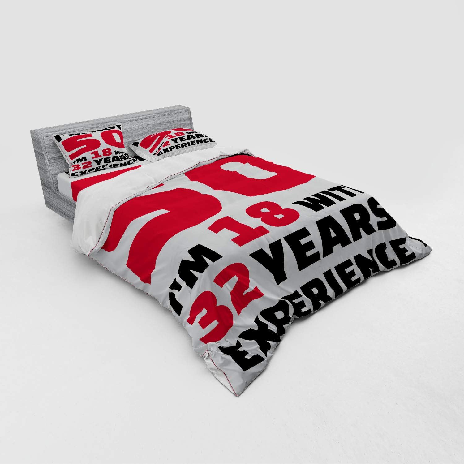 Ambesonne 50th Birthday Bedding Set - Queen Size 4-Piece Duvet Cover with Shams & Fitted Sheet - Funny 'Forever 18' Age Celebration Design in Red, Black & White - Perfect for Adult Birthday Parties & Surprise Decorations