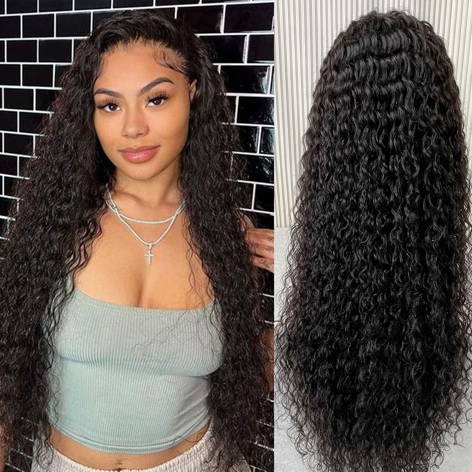 13x4 HD Lace Front Wig Human Hair Pre Plucked 180% Density Deep Water Wave Brazilian Remy Hair Lace Front Wig for Black Women - 34 Inch Natural Dark Brown | Perfect for Daily Wear, Parties & Special Occasions
