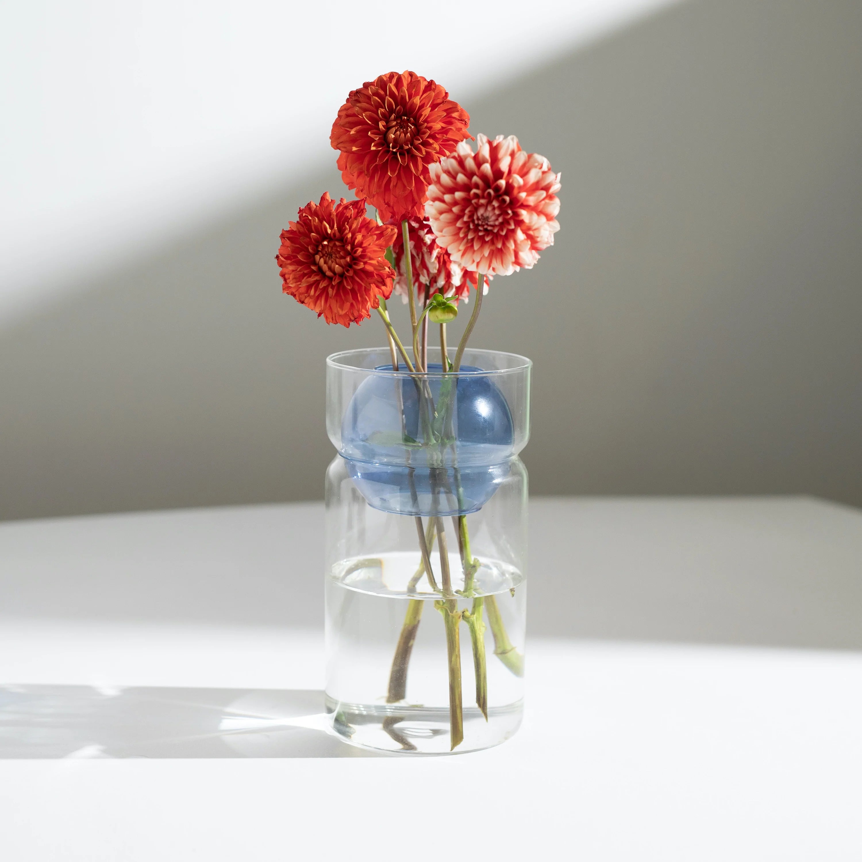 Clear and Blue Balance Vase - Modern Decorative Glass Vase for Home, Office, Wedding & Event Centerpieces