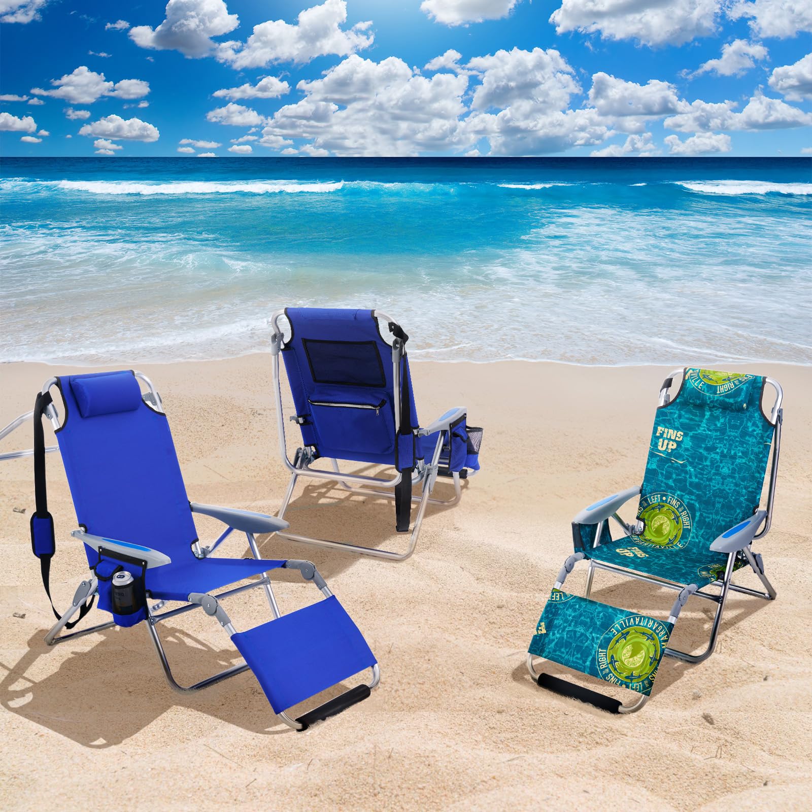 Portable Folding Camping Beach Chair for Adults - Lightweight Outdoor Lounge Chair with Footrest, Backpack Straps, Towel Bar, Cooler Pouch & Cup Holder - Perfect for Beach, Picnic, Backyard & Travel (Geometric Green)