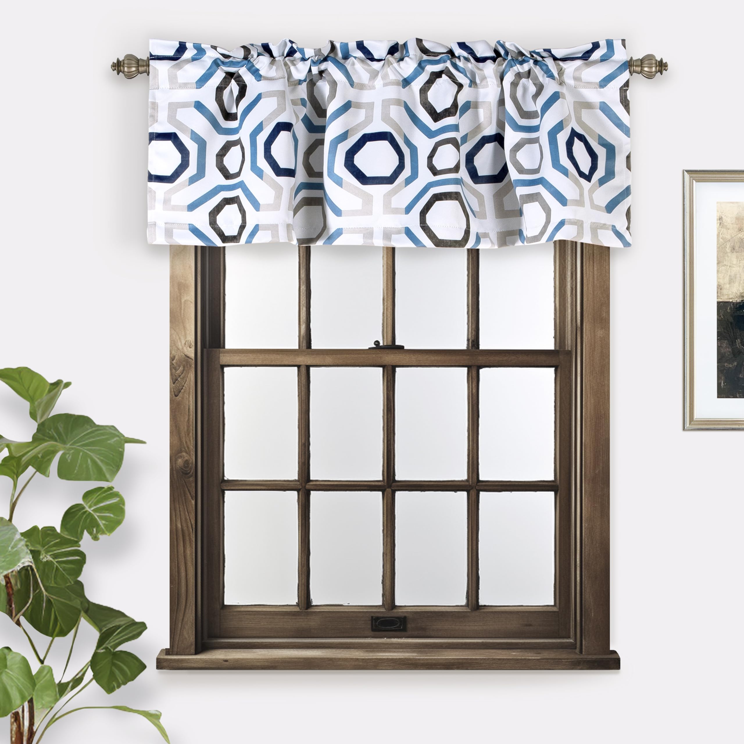 DriftAway Short Kitchen Window Valance Curtains - 1 Pack, 52 x 18 Inch, Blue Gray Camden Geometric Lattice Design - Thermal Insulated Valances for Living Room, Laundry, Bathroom & Small Windows | Perfect for Home Decor, Privacy & Light Control