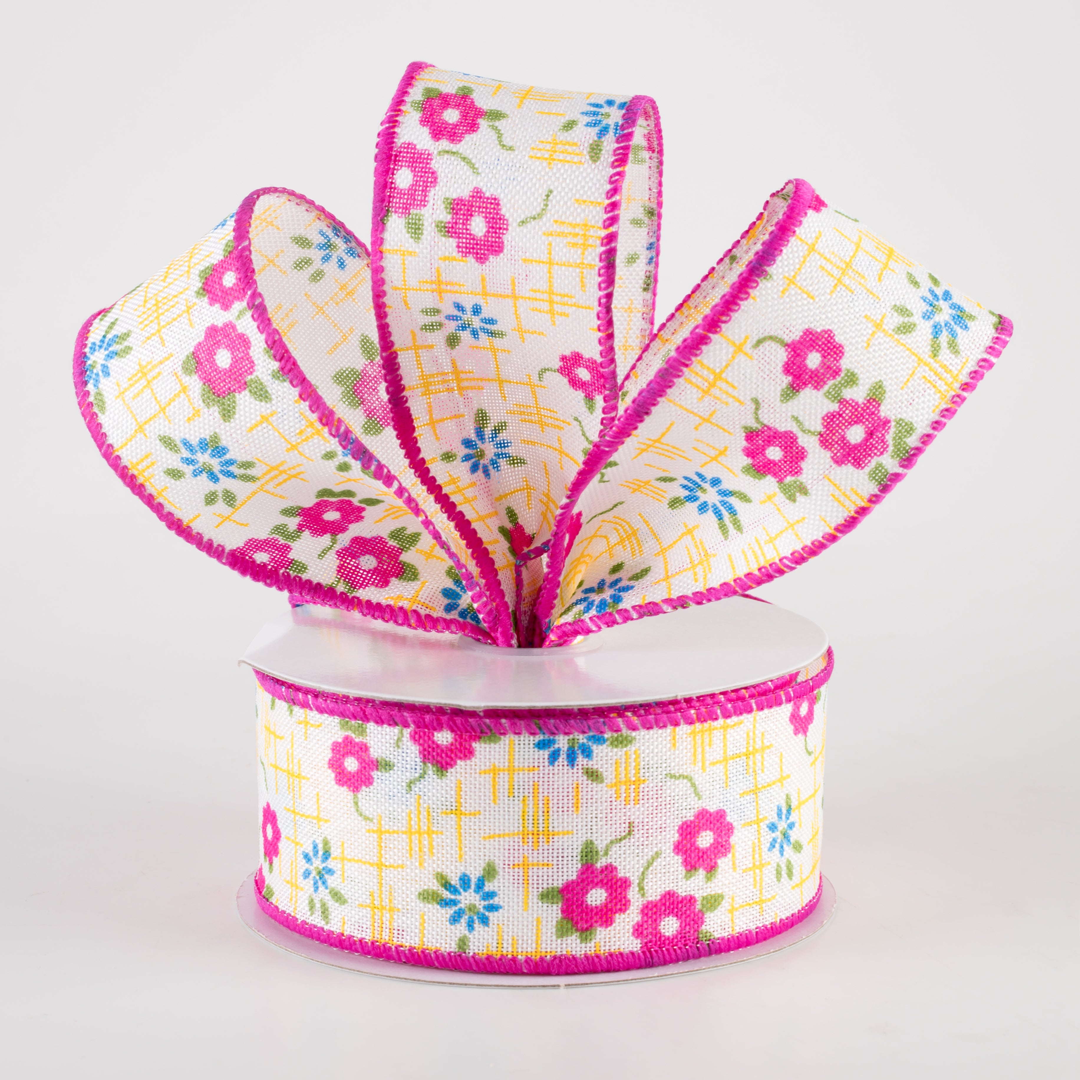 1.5 Inch Linen Textured Floral Ribbon - Fuchsia Pink, Yellow, Blue (10 Yards) for Gift Wrapping, DIY Crafts, Wedding Decorations & Hair Accessories