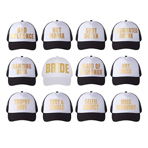 Pop Fizz Designs Bachelorette Party Trucker Hats - 12 Pack (1 Bride Hat + 11 Bridesmaid Hats) - Black Wedding Party Favors for Bachelorette Celebrations & Girls' Night Out
