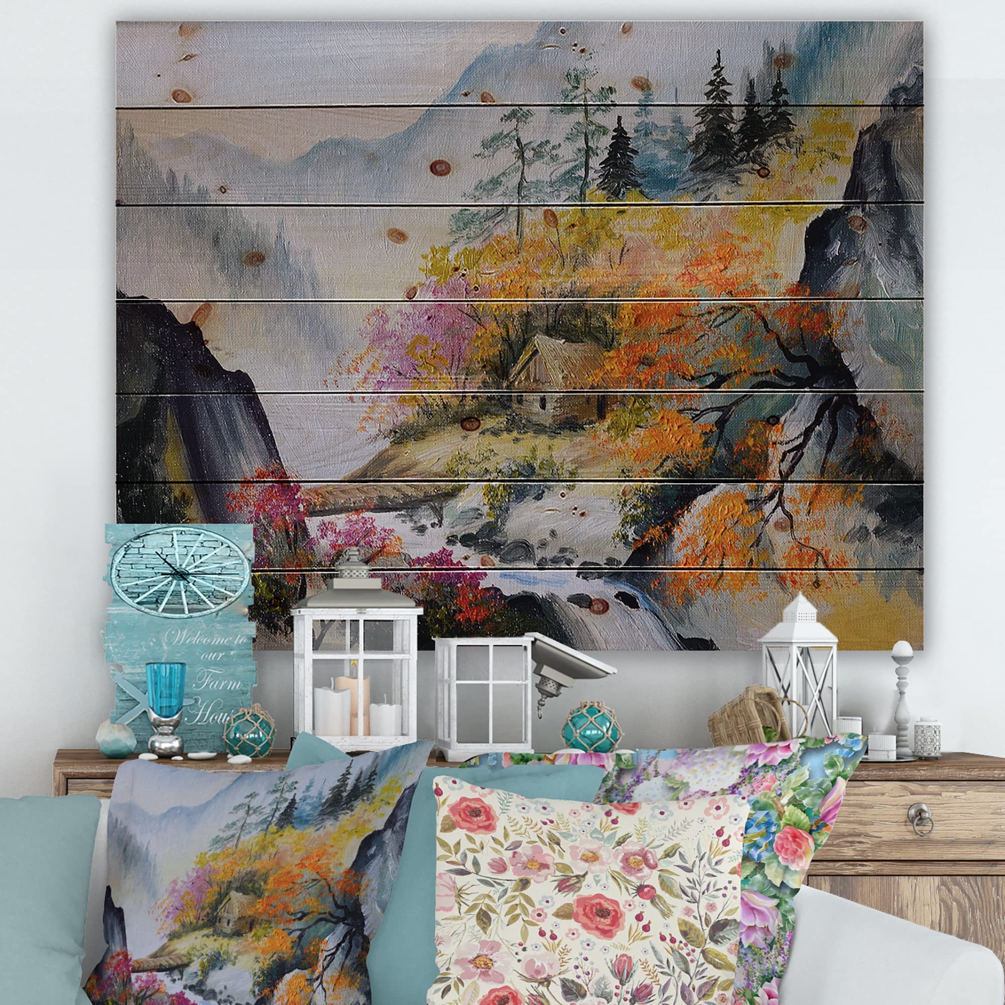 DesignQ Little House in Vibrant Mountain Landscape - Traditional Wood Wall Art Decor - Orange Wood Panel Print on Natural Pine - Large Landscape Wall Hanging for Living Room, Bedroom & Office Decor