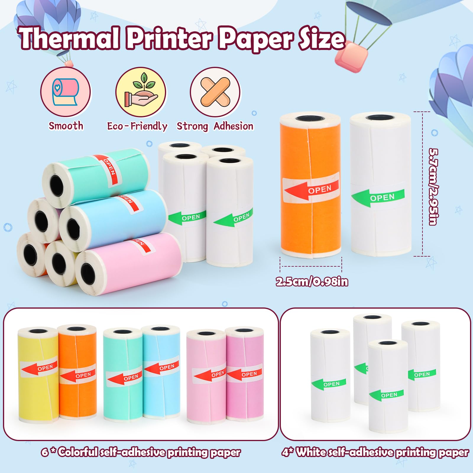 10 Rolls Mini Thermal Printer Paper - 4 White & 6 Colorful Sticky Rolls (57x25mm) for Receipt Printers, Notes, Journals, Memos, Photos & Study - Perfect for Labeling, Organizing & Creative Projects