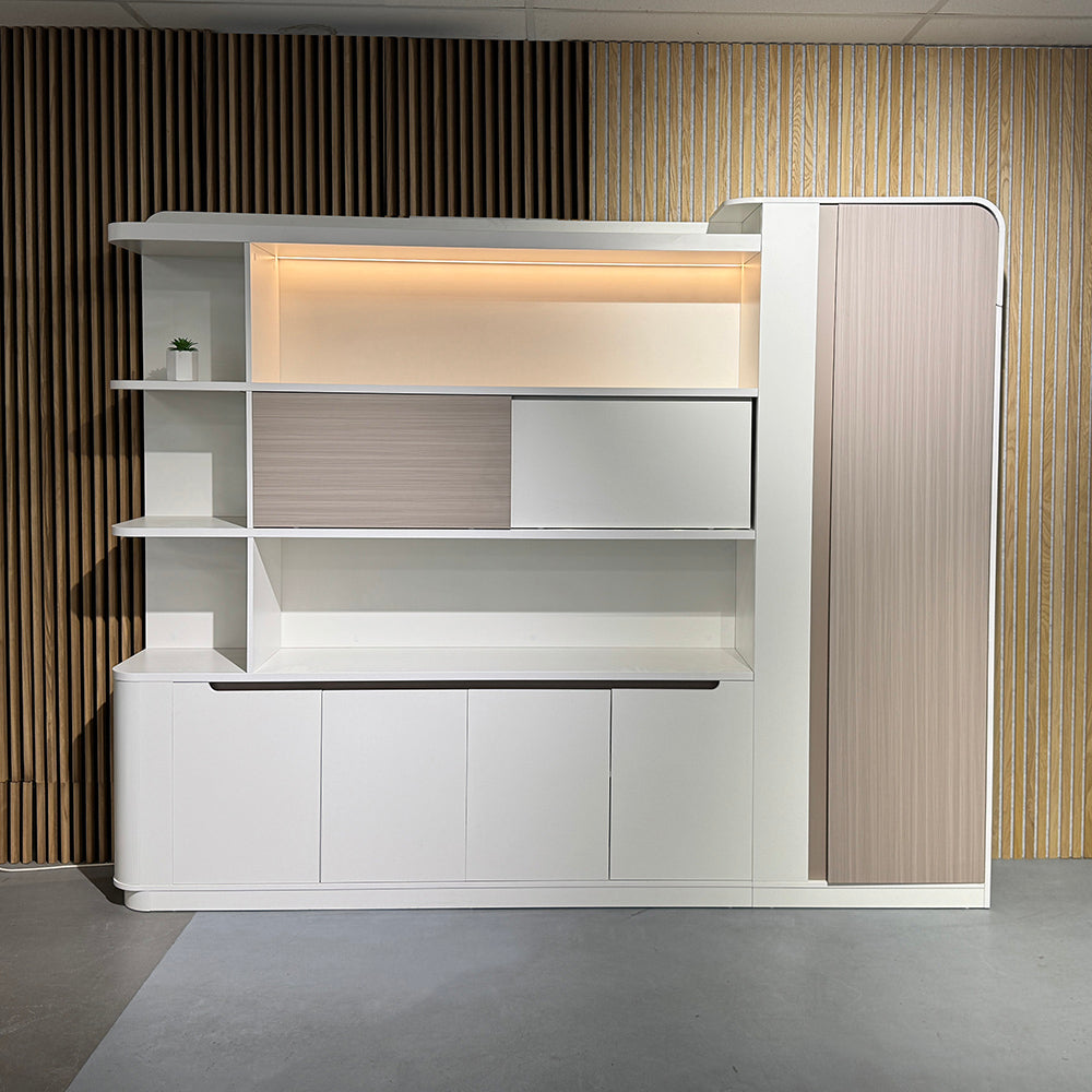 LUSH Display Unit 261.5cm White & Taupe - Modern Retail Shelving for Boutique, Clothing Store & Home Organization