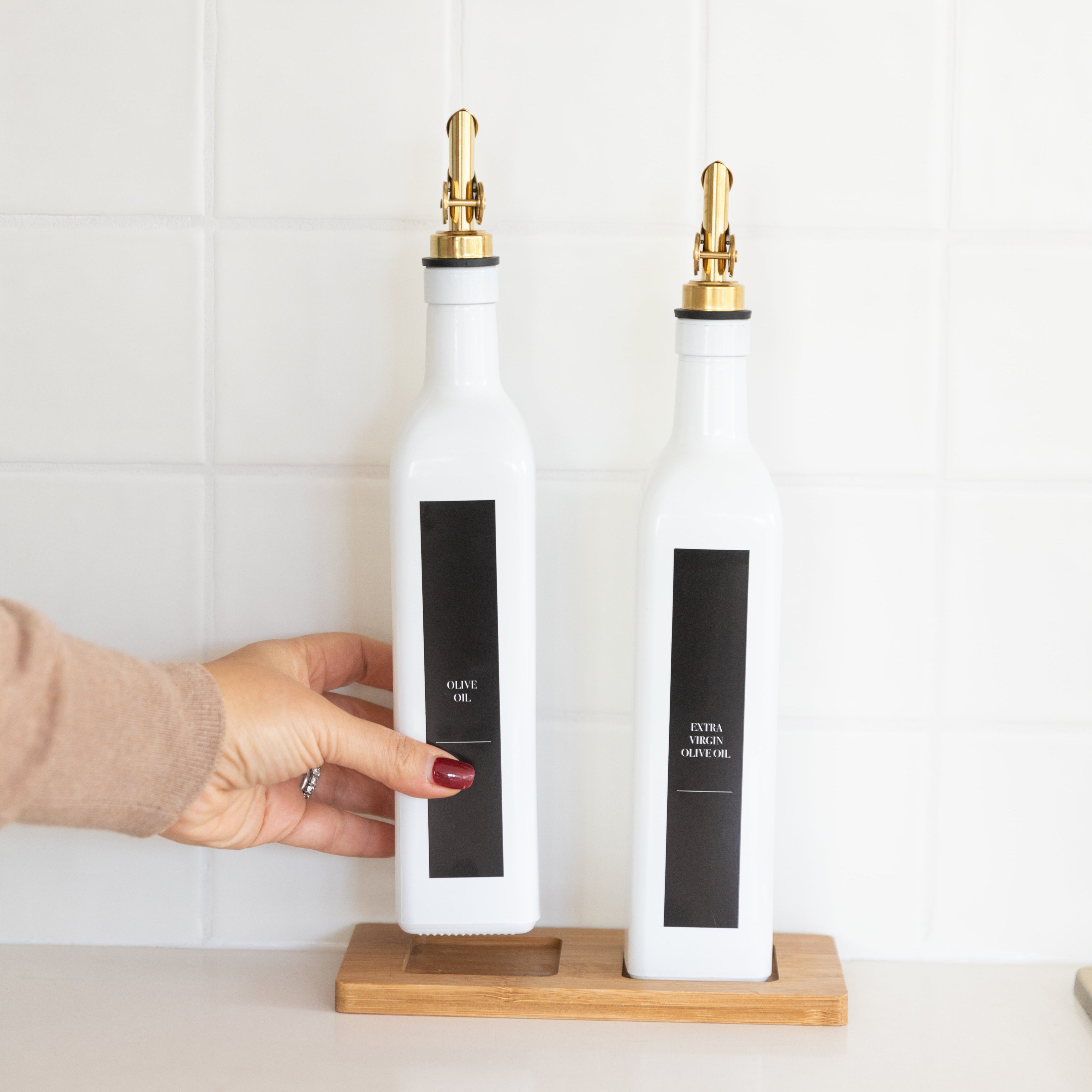 Premium Oil and Vinegar Dispenser Bottles with Gold Pour Spouts - Elegant Kitchen Accessories for Salad Dressing, Cooking & Dining Table Decor