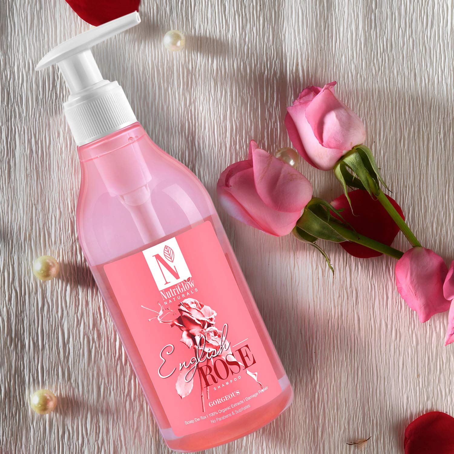 NutriGlow NATURAL'S English Rose Shampoo for Dry Damaged Hair & Sensitive Scalp - Stimulates Hair Growth, Deep Hydration, Voluminous Shine | Paraben-Free, Sulfate-Free, 300ml | Perfect for Daily Hair Care & Scalp Nourishment