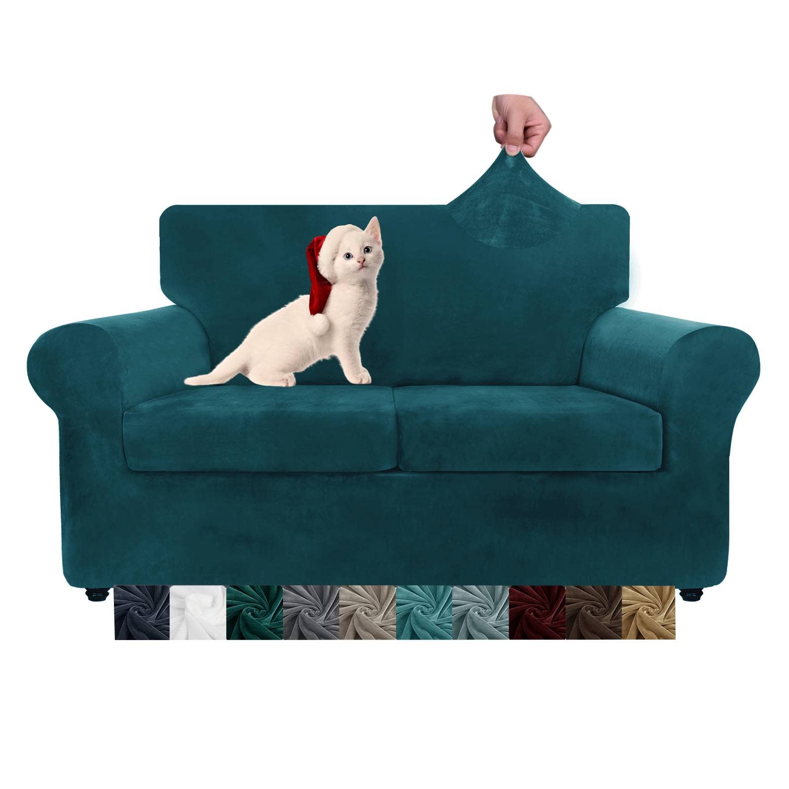 Velvet Plush 3-Piece Stretch Sofa Slipcover Set - Super Soft Anti-Slip Spandex Couch Cover for 2-Cushion Loveseat, Furniture Protector for Pets & Living Room (Loveseat, Blackish Green) - Perfect for Home Decor, Pet Owners & Cozy Family Gatherings