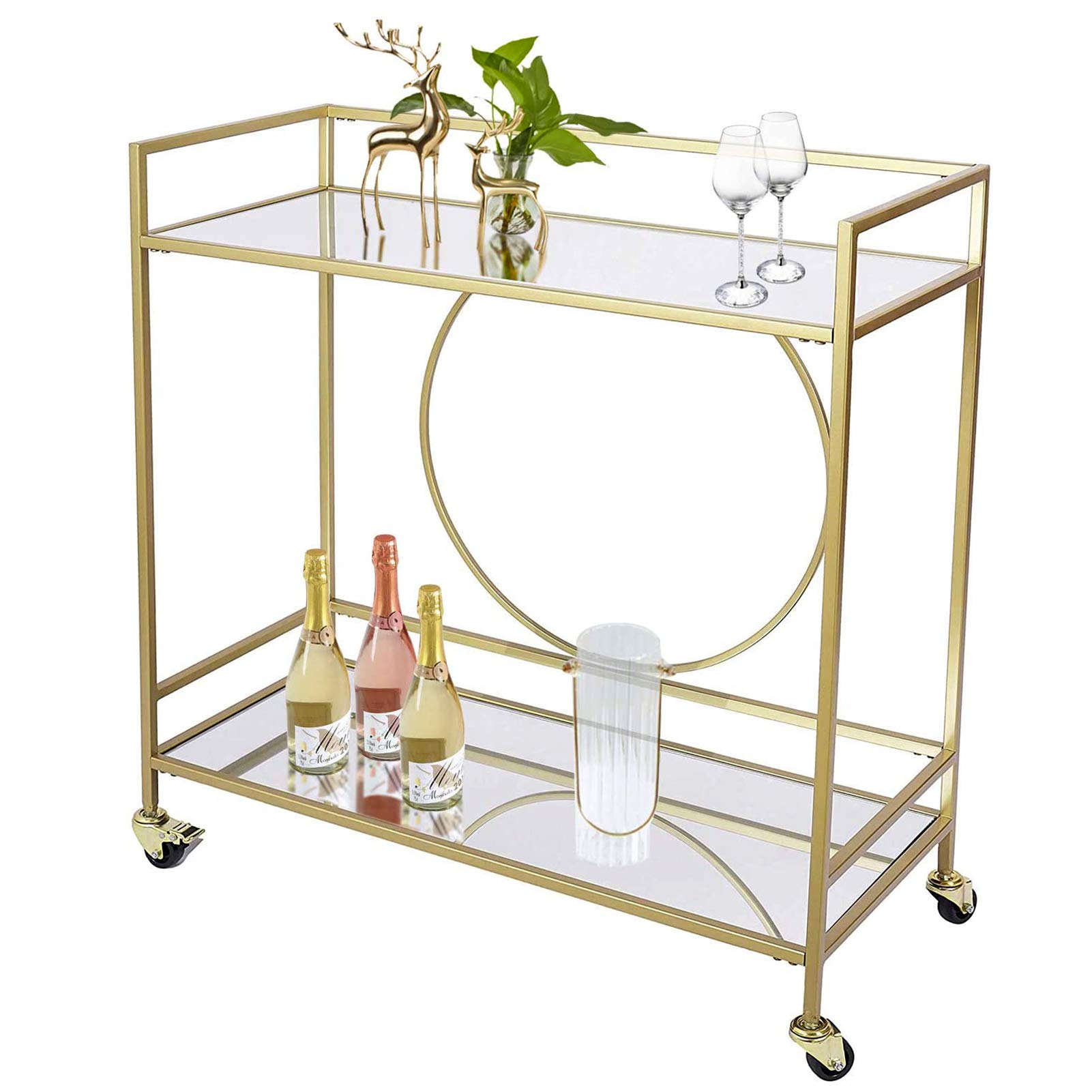 Gold Rolling Kitchen Utility Cart with Mirror Shelves - Mobile Serving Bar Cart for Drinks, Living Room & Home Entertaining - Perfect for Parties, Dining & Stylish Storage