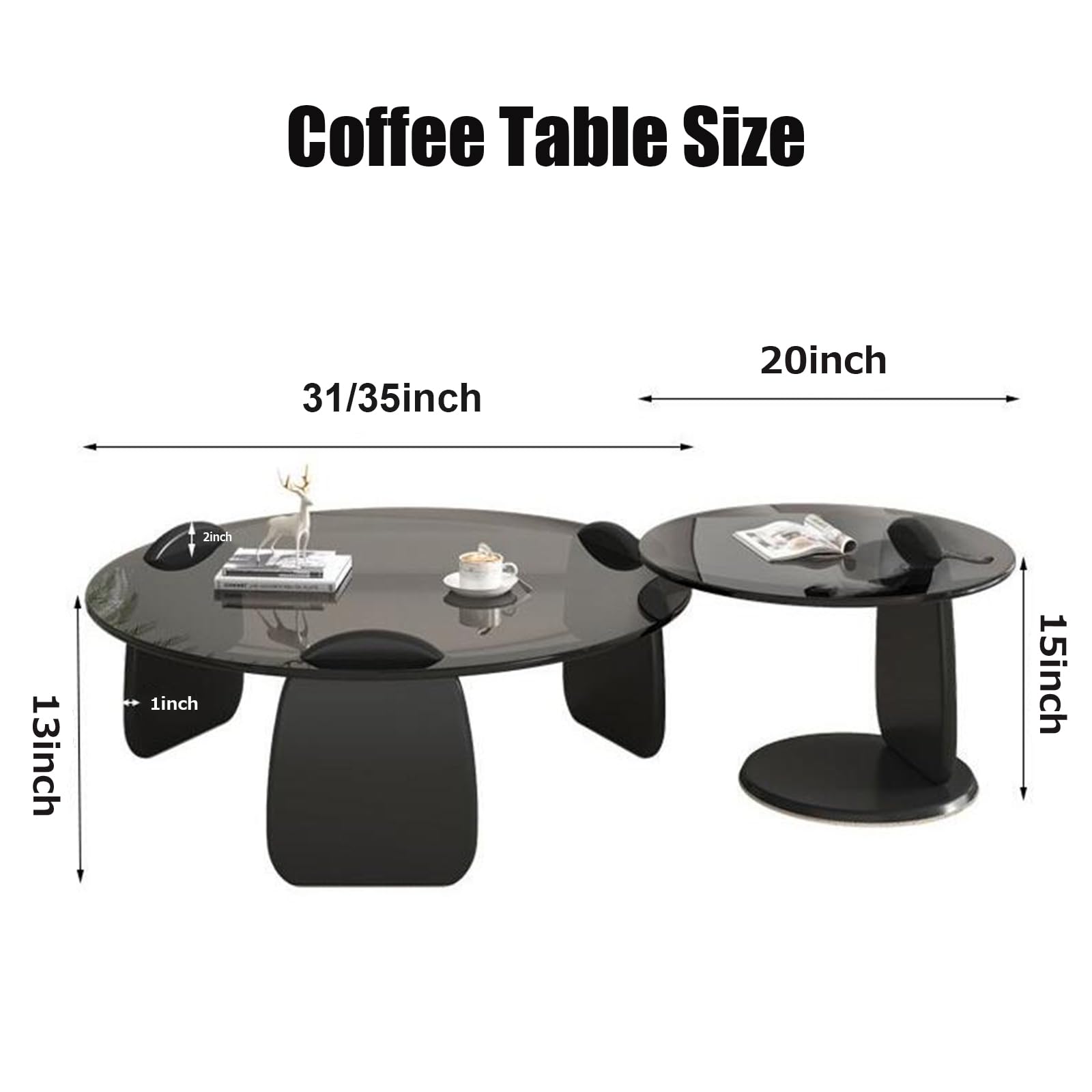 HM&DX Modern Round Coffee Table with Tempered Glass Top & Wood Frame - 35