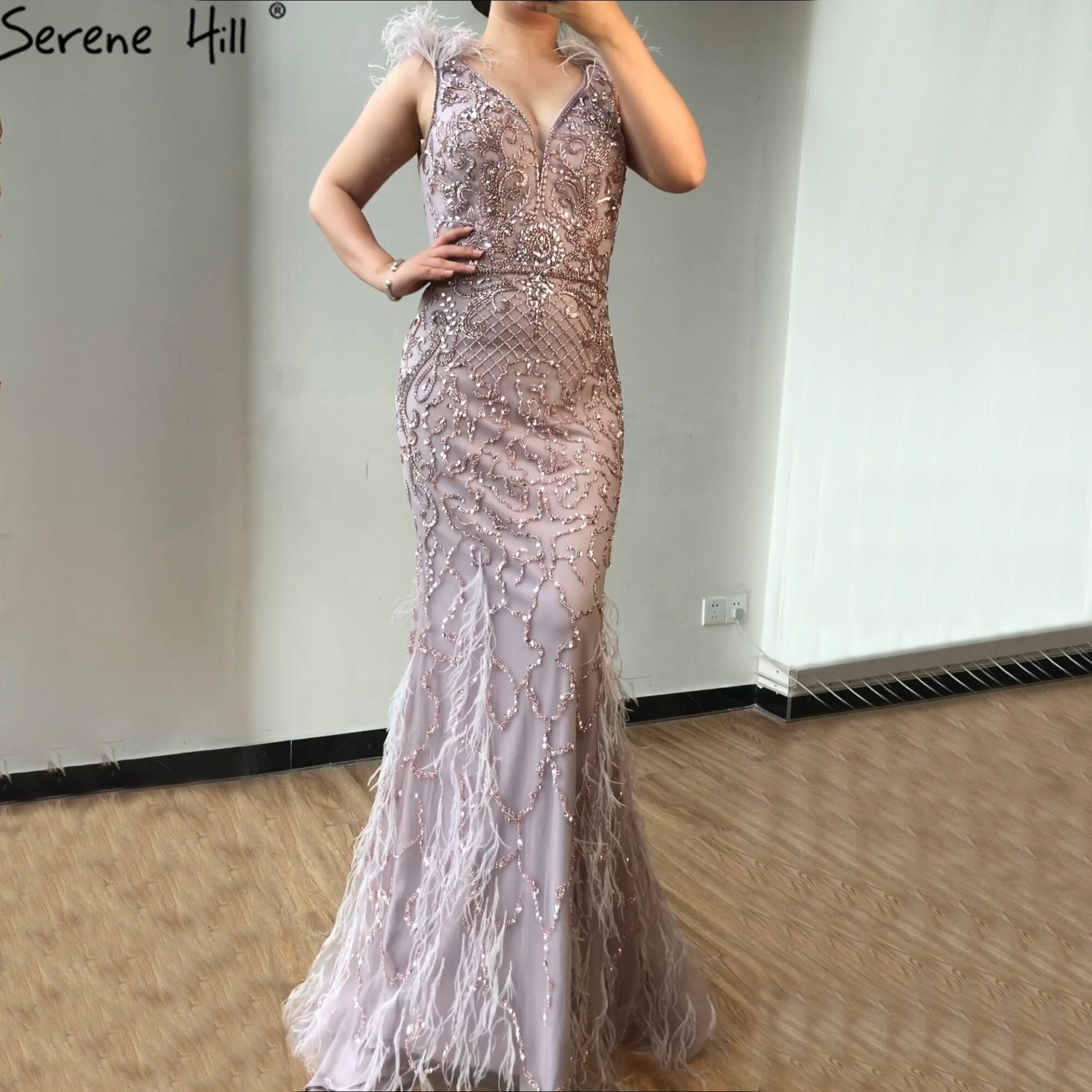 Serene Hill Lilac Mermaid V-Neck Evening Dress 2025 with Feathers & Beading - Luxury Sexy Formal Gown for Prom, Wedding & Red Carpet Events | LA70572