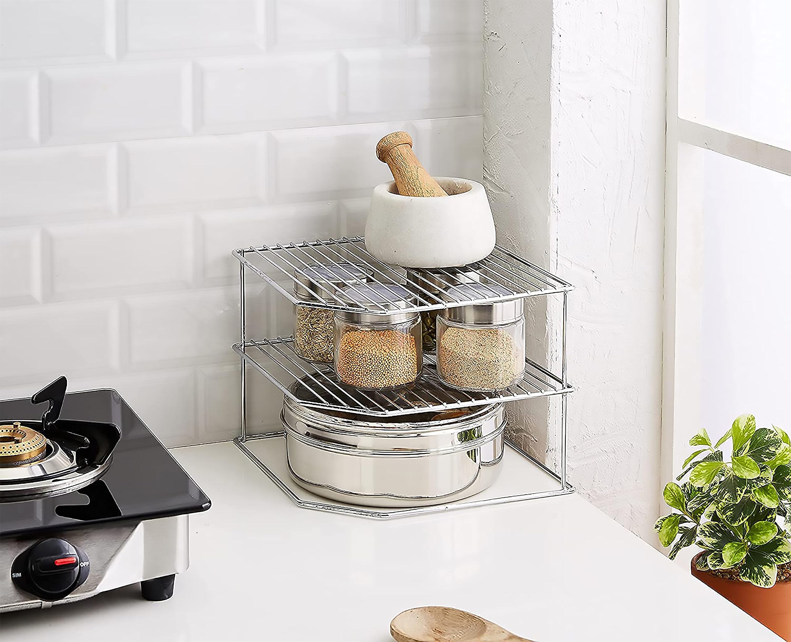 Stainless Steel 3-Tier Corner Shelf Rack for Kitchen - Space Saving Storage Organizer for Dishes, Plates, Bowls & Cups | Perfect for Small Kitchens, Countertops, Pantry & Bathroom Organization