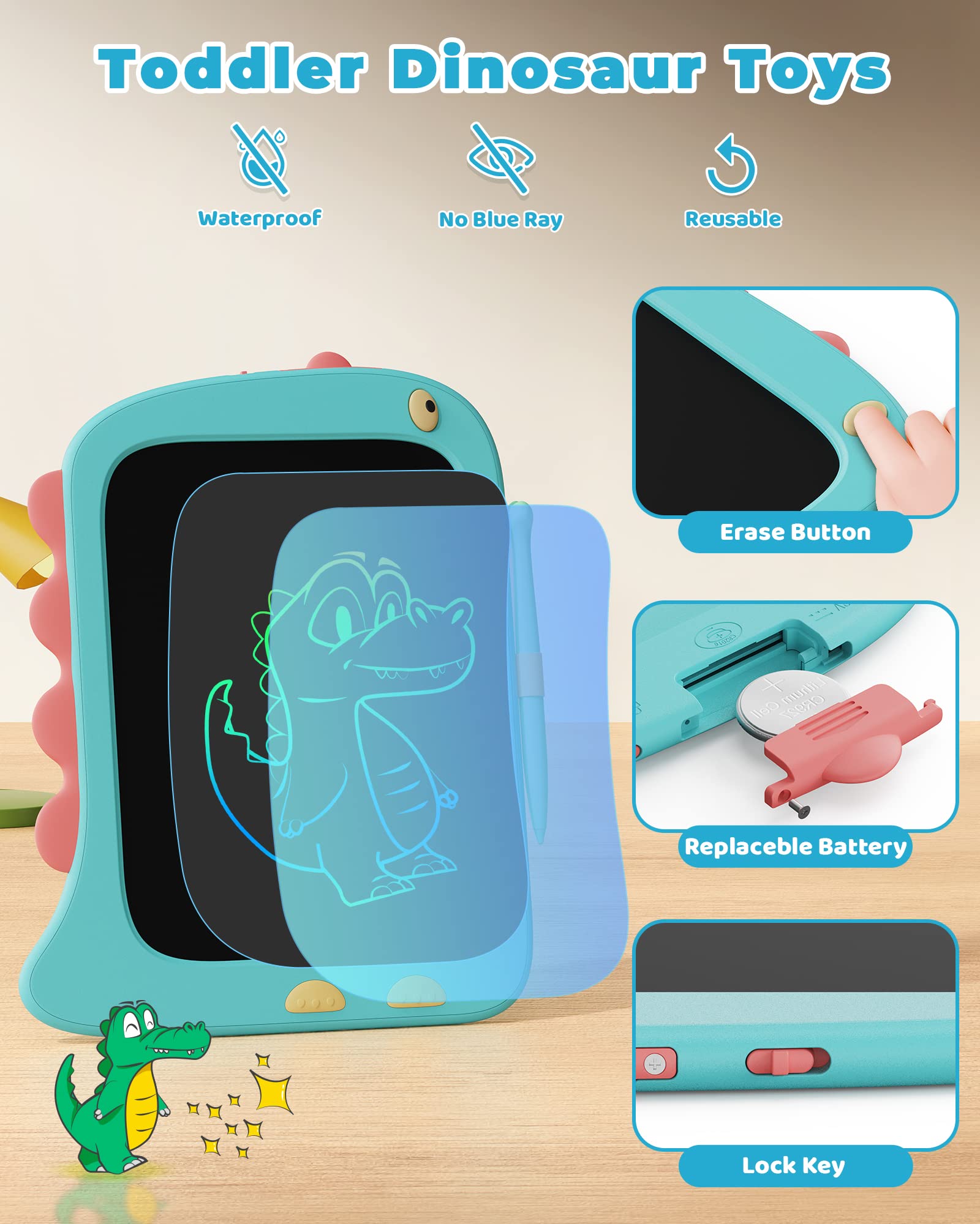 KOKODI LCD Writing Tablet for Kids - 8.5 Inch Doodle Drawing Board | Educational Toy for 3 4 5 6 Year Old Boys & Girls | Travel Essential for Airplane & Road Trips | Perfect Birthday Christmas Gift (Dinosaur Theme) - Great for Learning, Drawing & Travel Entertainment
