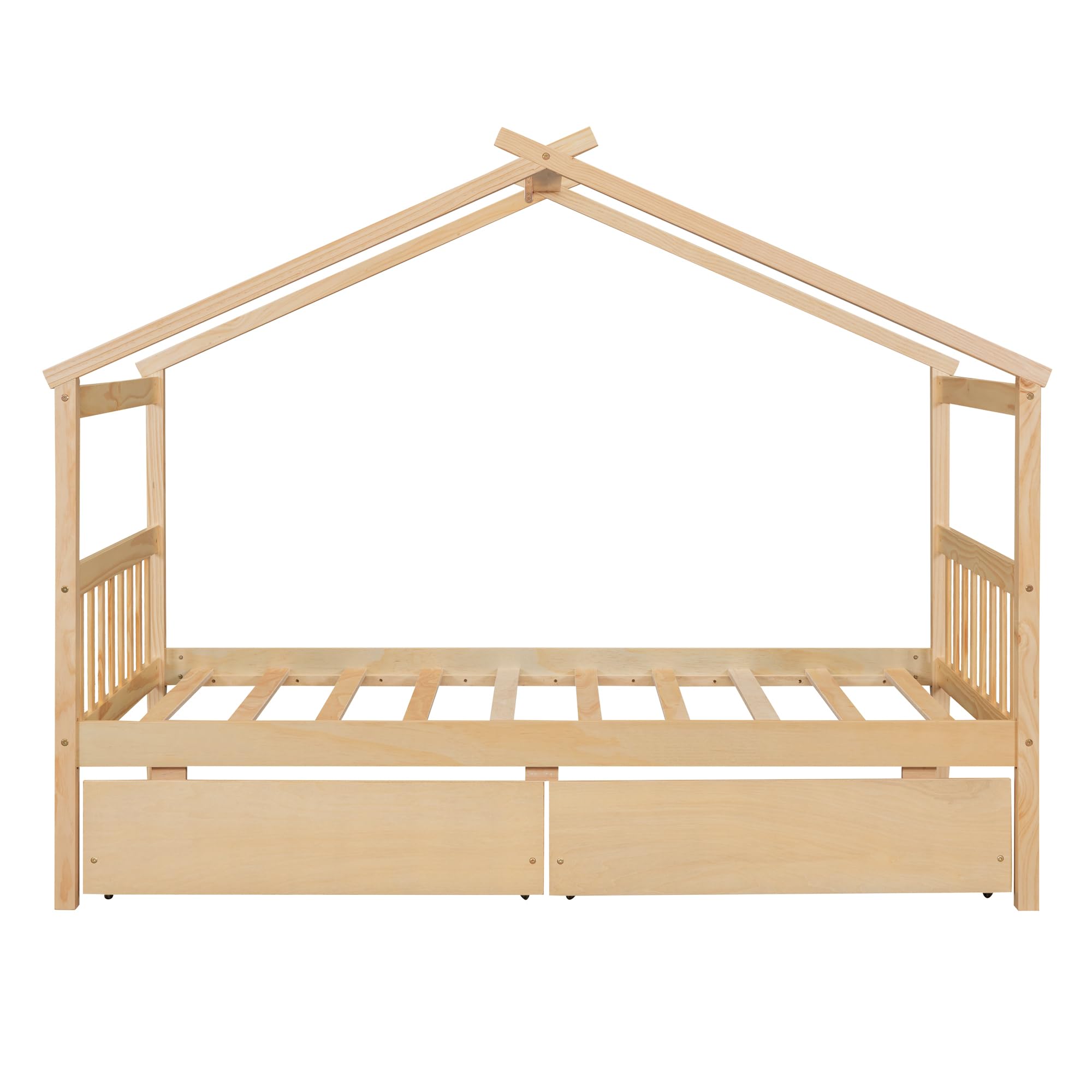 Harper & Bright Designs Twin Size Wooden House Bed for Kids with Storage Drawers - Natural Wood Roof Design Bed Frame for Boys & Girls - Perfect for Bedrooms, Playrooms & Kids' Rooms