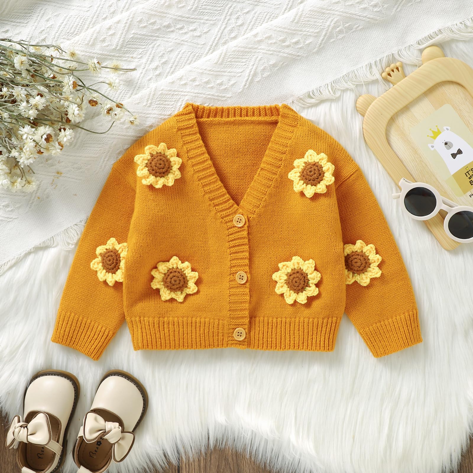 XIXIMAON Sweet Soft Sweater Cardigan for Baby Girls - Sunflower Decor Long Sleeve Button Knit Jacket for Spring & Autumn | Cozy Toddler Outwear for Playdates & Family Photos