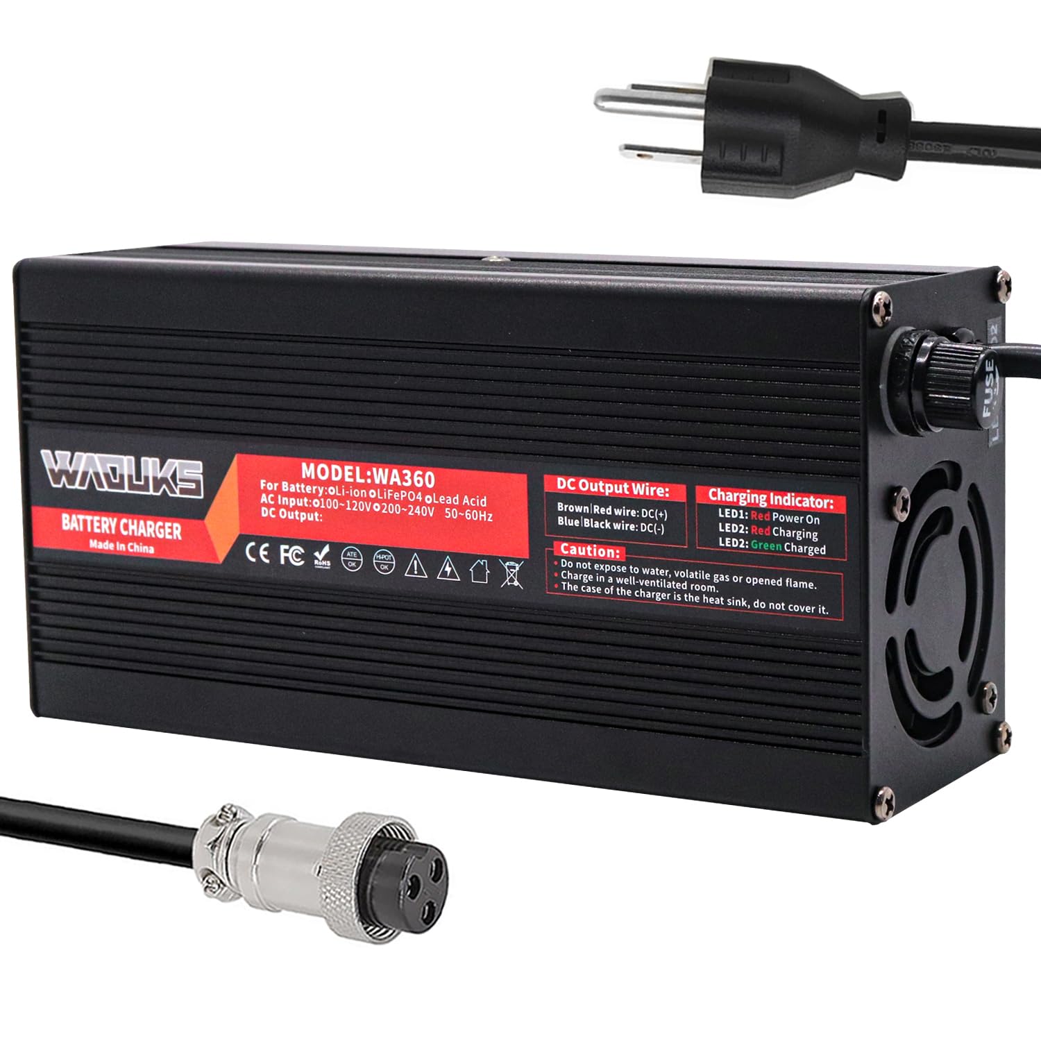 58.8V 5A Lithium Battery Charger for 14S 52V Li-ion Battery Pack - Black Aluminum Case with Cooling Fan & GX16-3pin Connector - Perfect for Ebikes, Scooters, and Electric Vehicles