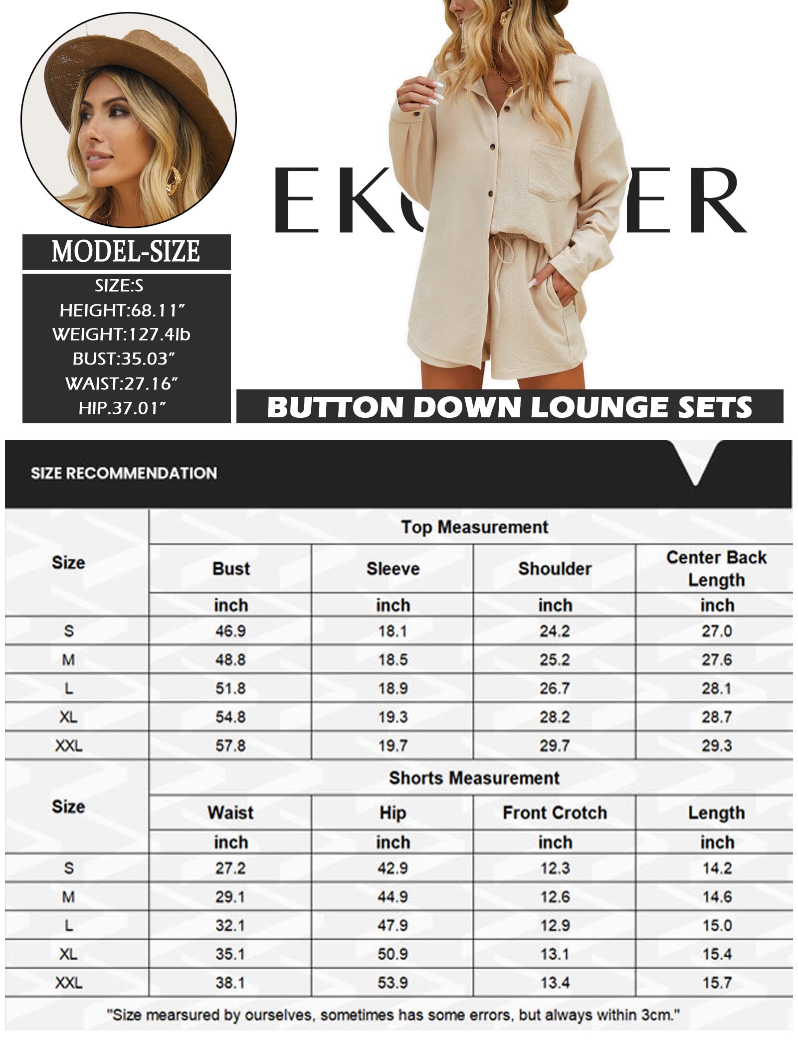 Ekouaer Women's 2-Piece Lounge Set - Summer Button Down Shirt & Casual Shorts with Pockets | Comfortable Outfit for Home, Travel & Casual Wear