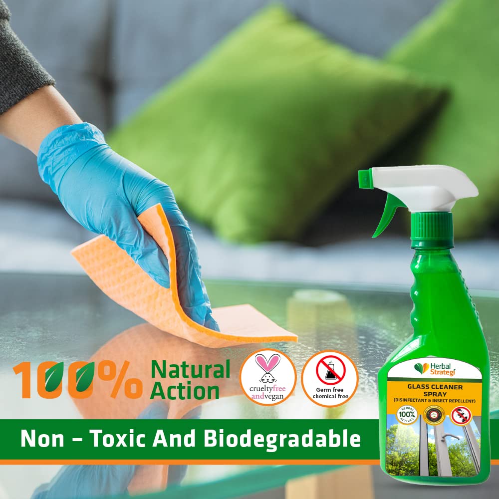 Herbal Strategi Glass Cleaner Spray with Lemongrass, Bhutika Oil, Devadaru Oil & Sarala Oil - 500ml (Pack of 2) | Streak-Free, Natural Cleaning for Windows, Mirrors & Glass Surfaces | Eco-Friendly Home & Office Cleaning Solution