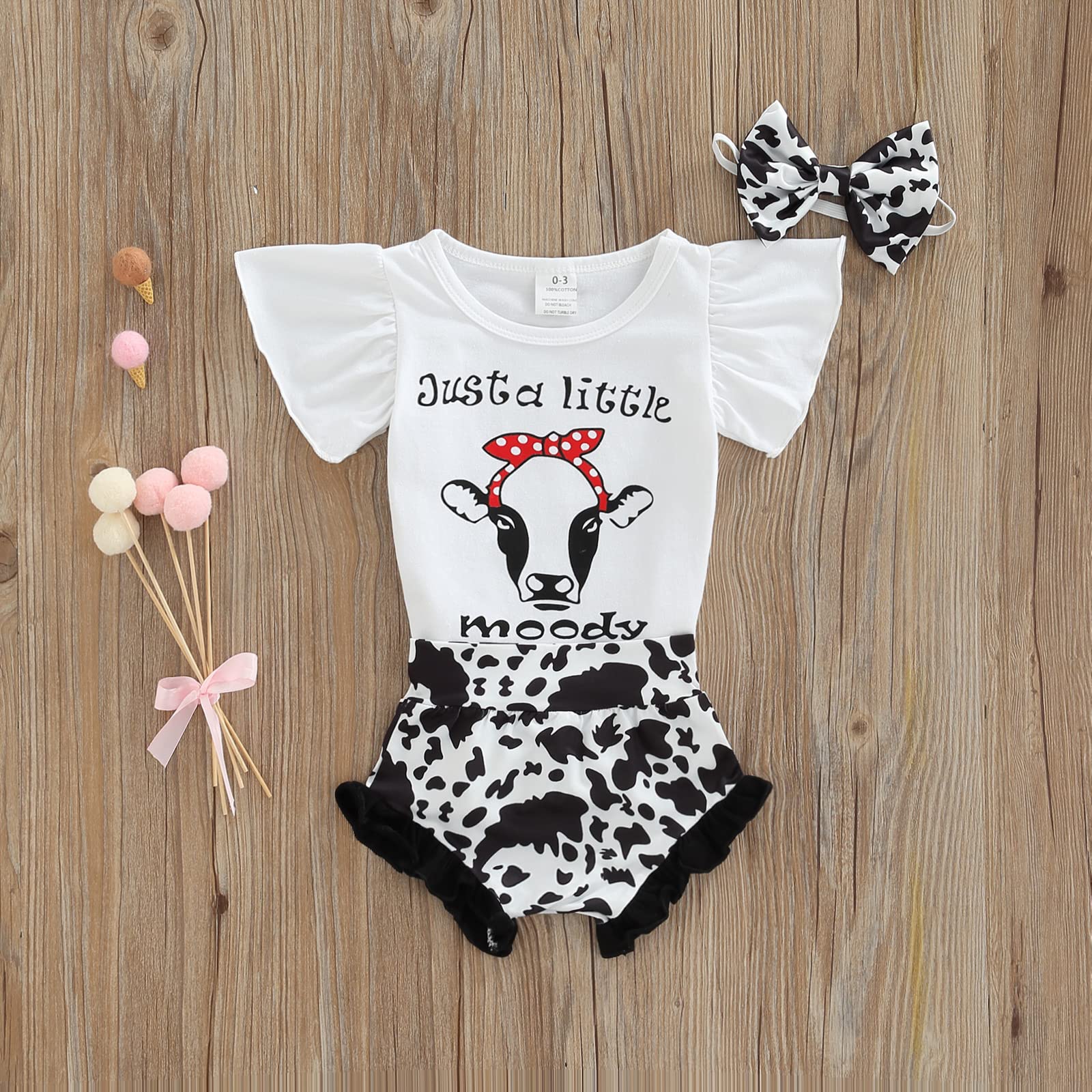 Lefyira Baby Girls Summer Outfit - Cow Print Romper with Ruffle Short Sleeves & Letter Bodysuit | Newborn Bloomers & Headbands Set | Perfect for Photography, Playdates & Summer Adventures