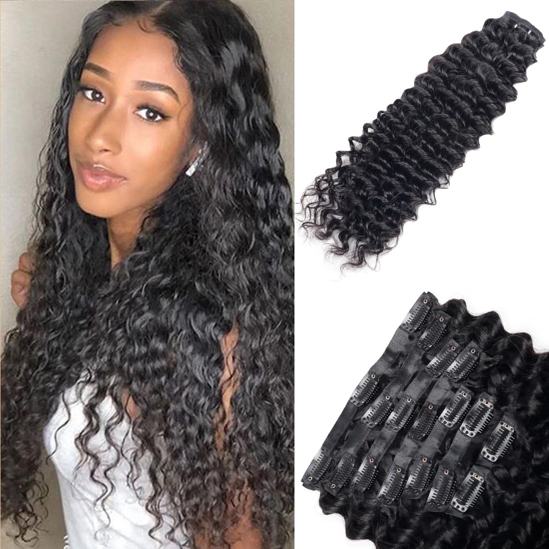8Pcs Brazilian Virgin Human Hair Clip-in Extensions 26inch Deep Wave Natural Black – 120g Remy Hair with 18 PU Clips for Women | Perfect for Parties, Weddings & Daily Styling