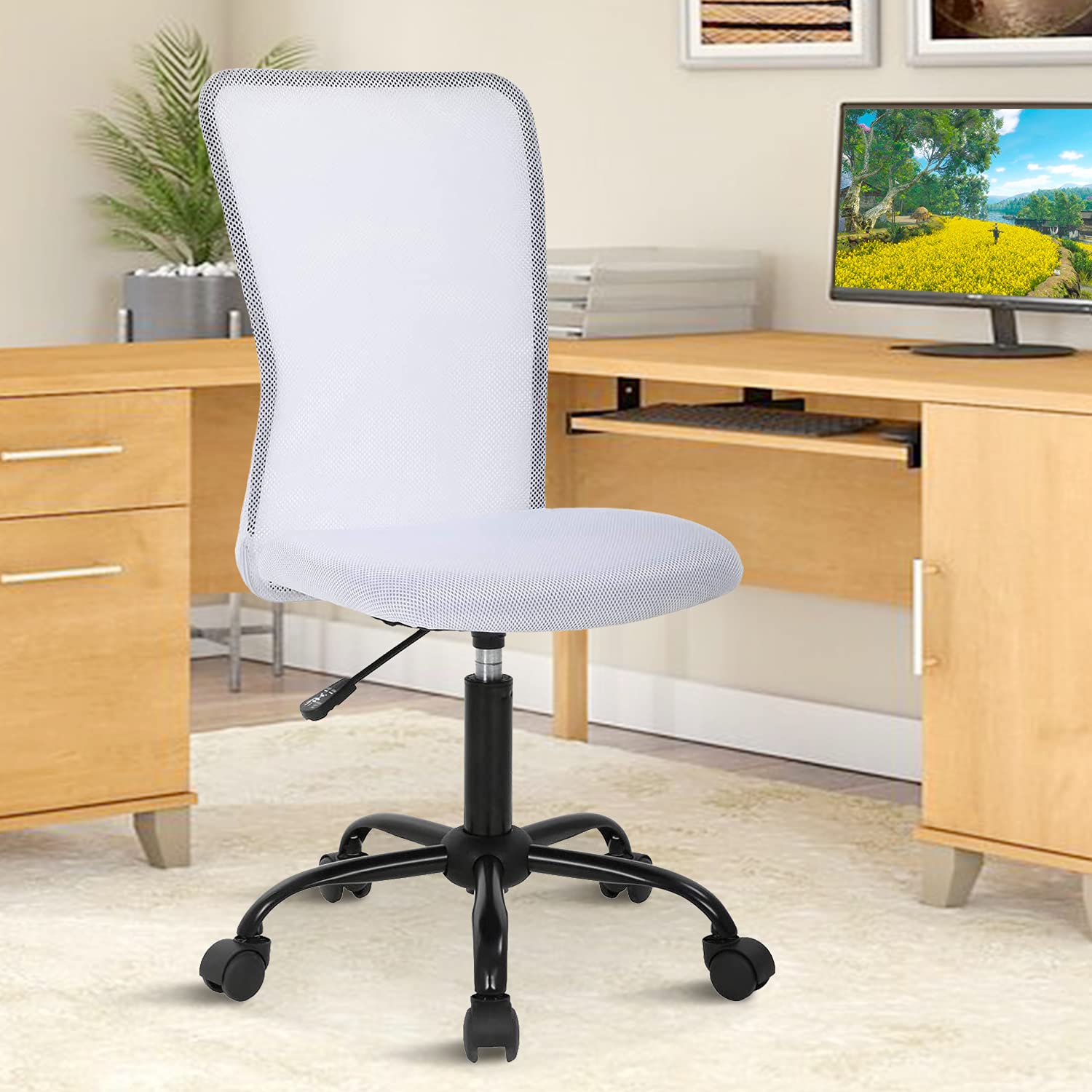 Ergonomic Home Office Chair - Adjustable Height Mid Back Mesh Computer Desk Chair with Wheels, Armless Modern Task Chair for Small Spaces & Students - White | Perfect for Remote Work, Online Classes & Gaming
