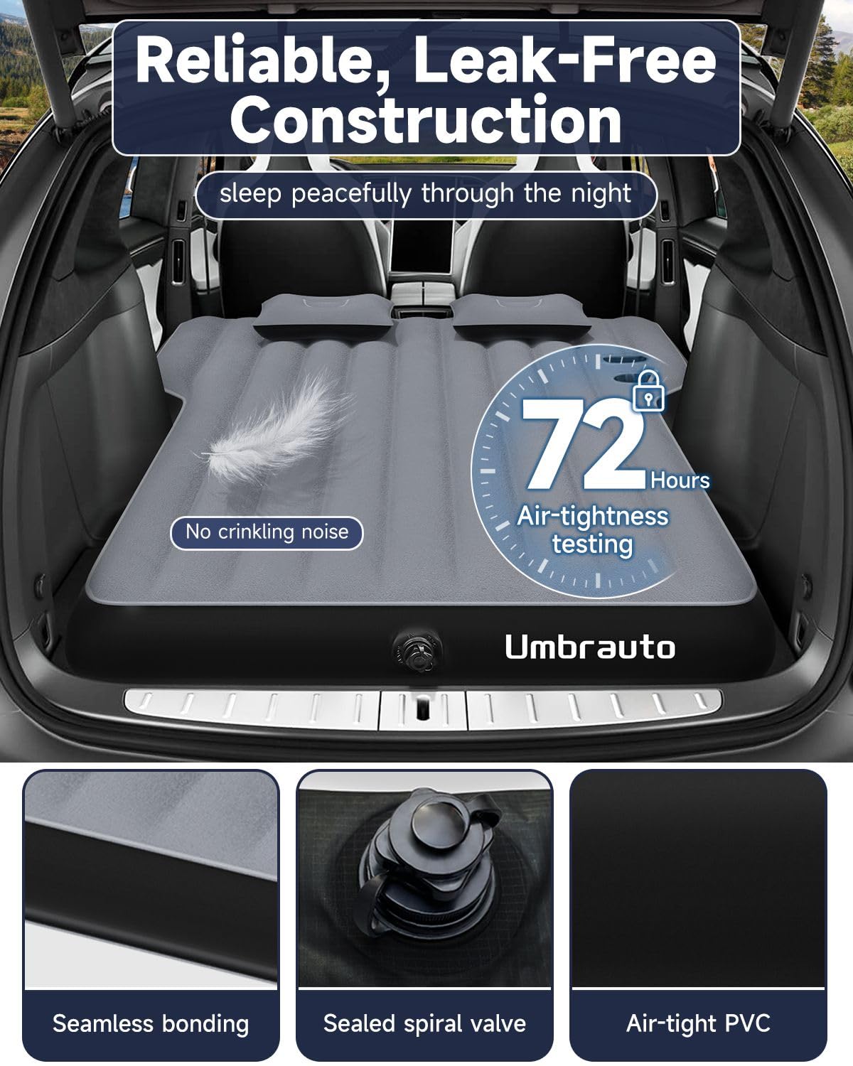 Tesla Model Y Air Mattress - Inflatable Camping Mattress for SUV Travel, Portable Flocking Sleeping Pad with Built-in Air Pump, Repair Kit & Storage Bag (Grey) - Perfect for Road Trips, Camping & Outdoor Adventures