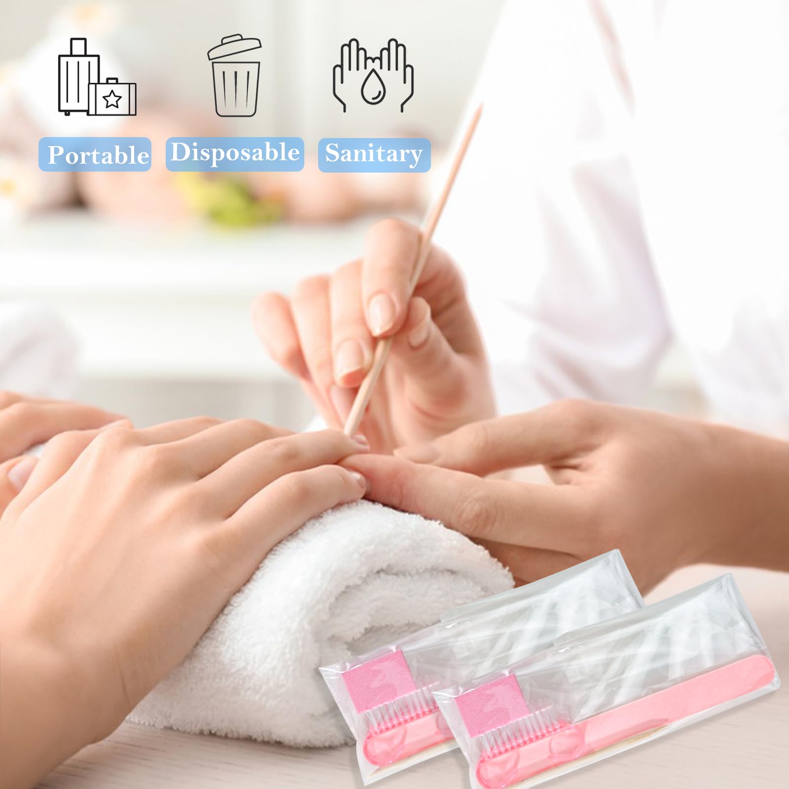 Professional Disposable Manicure Kit - 50-Piece Press On Nail Tool Set with Mini Buffer, Nail Files, Wooden Cuticle Pusher & Brush for Salon & Home Use | Perfect for DIY Nail Care, Travel & Professional Manicures (Pink)