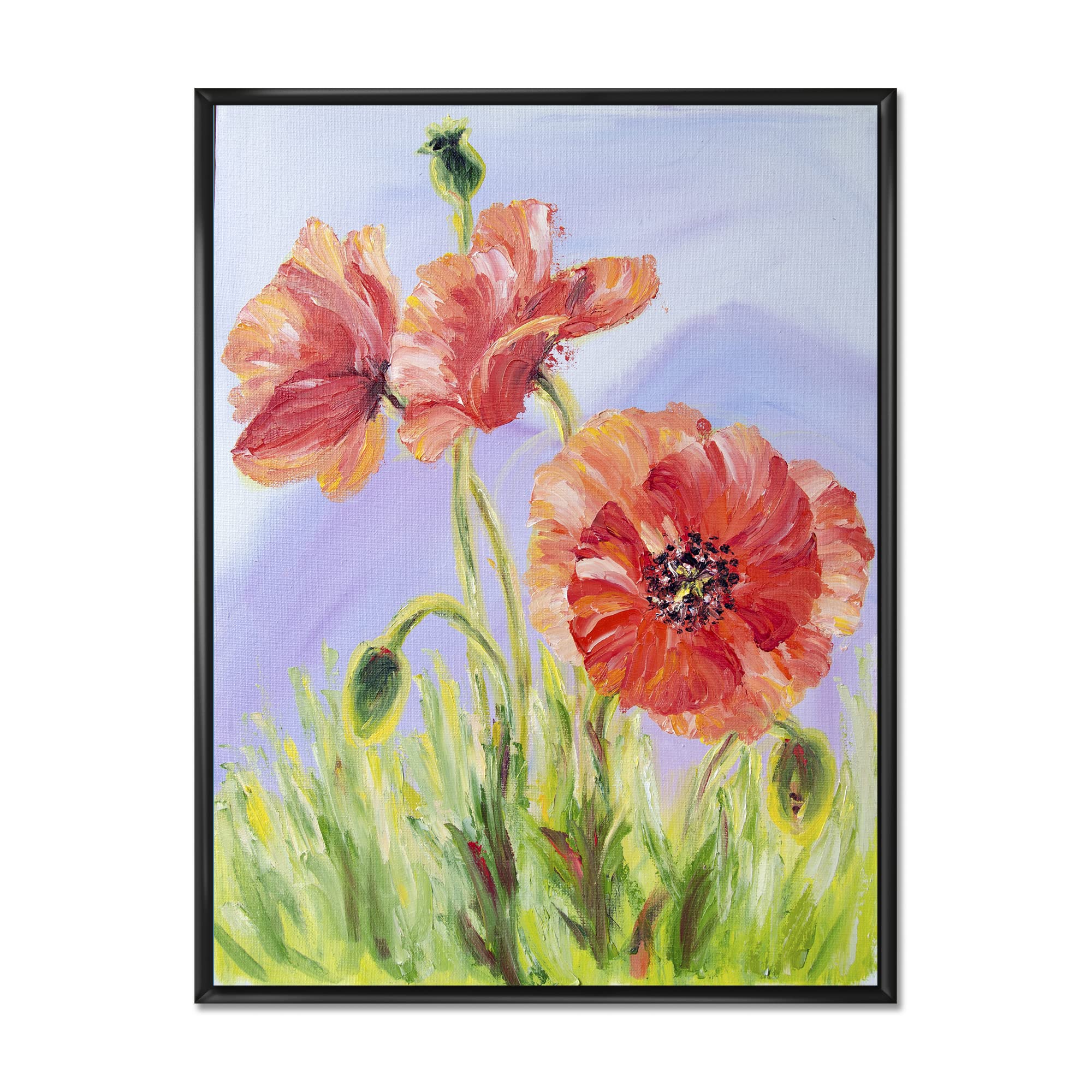 DesignQ Blossoming Poppies In The Morning IV - Traditional Framed Canvas Wall Art Print - Perfect for Living Room, Bedroom & Office Decor