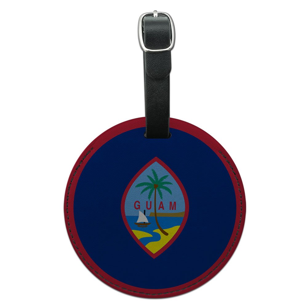 Guam National Flag Round Leather Luggage Tag - Black Leather Suitcase ID Tag for Carry-on Bags | Perfect for Travel Identification & Personalized Luggage Accessories
