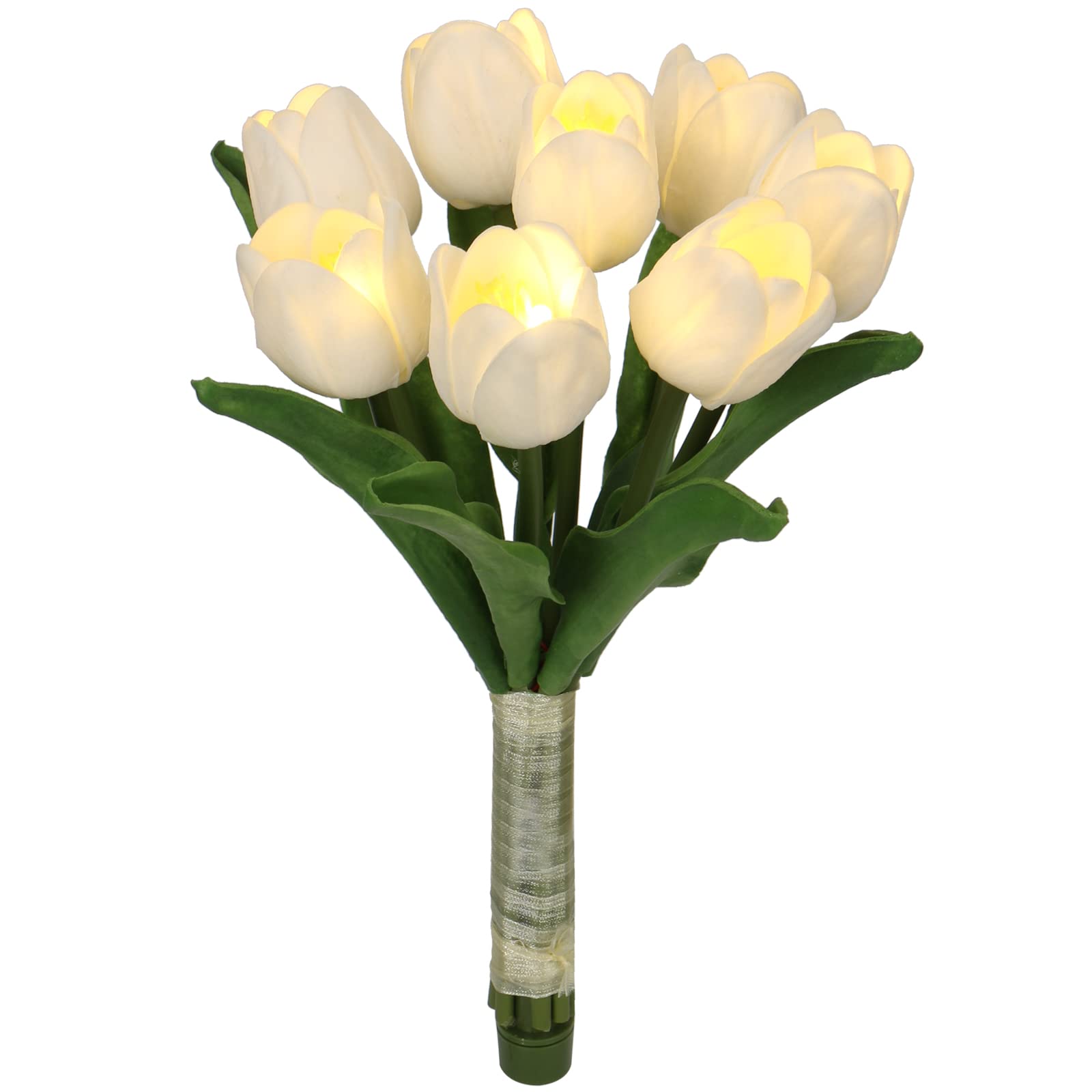 White Tulips Artificial Flowers 8pcs - Real Touch PU Fake Tulips Bouquet with LED Lights for Home, Wedding, Office Decor - Perfect for Table Centerpieces, Indoor Arrangements & Gift Giving
