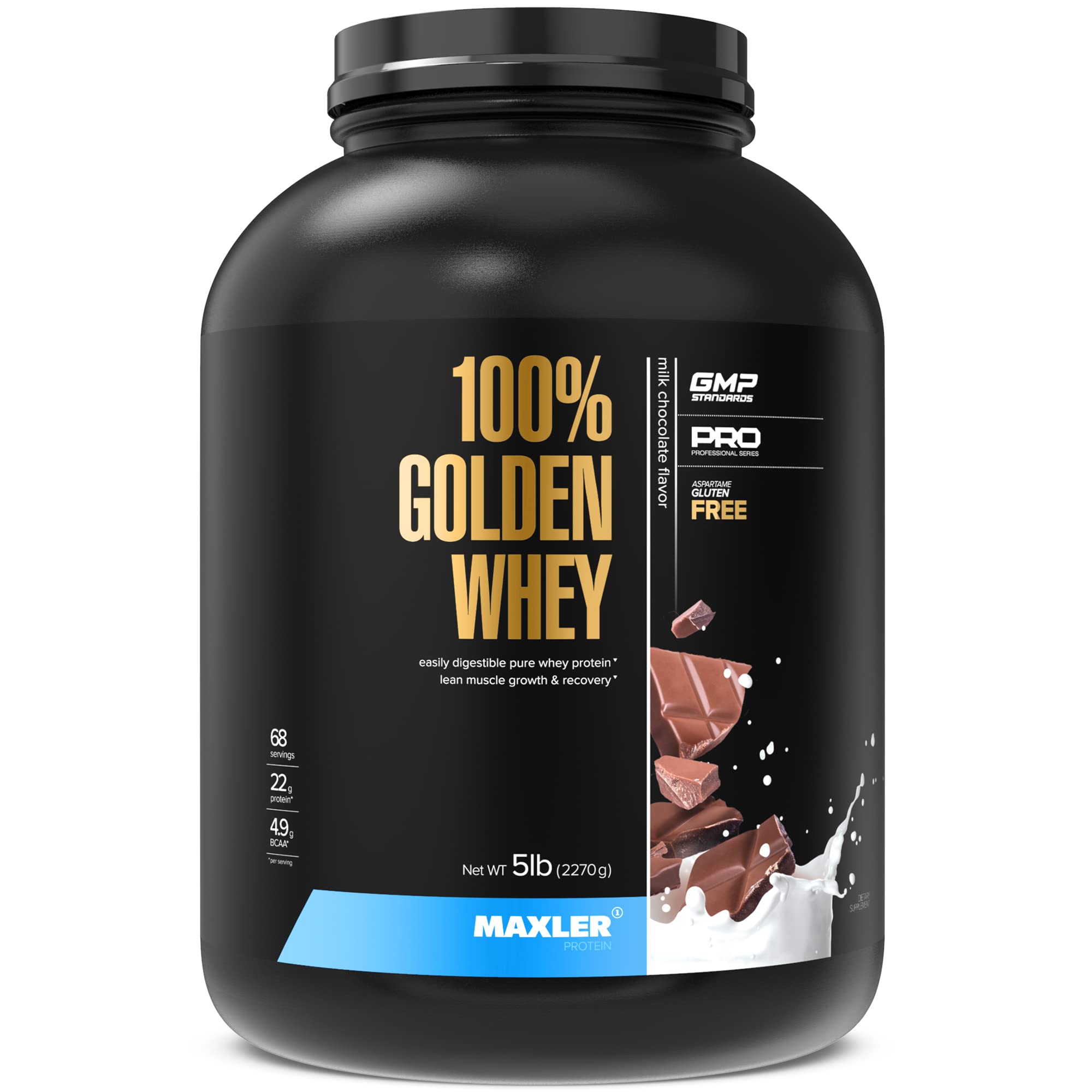 Maxler 100% Golden Whey Protein Powder - 22g Protein per Serving, Fast-Absorbing Whey Concentrate Isolate & Hydrolysate Blend - Milk Chocolate Flavor, 5 lb - Ideal for Pre & Post Workout Recovery, Muscle Building & Fitness Enthusiasts