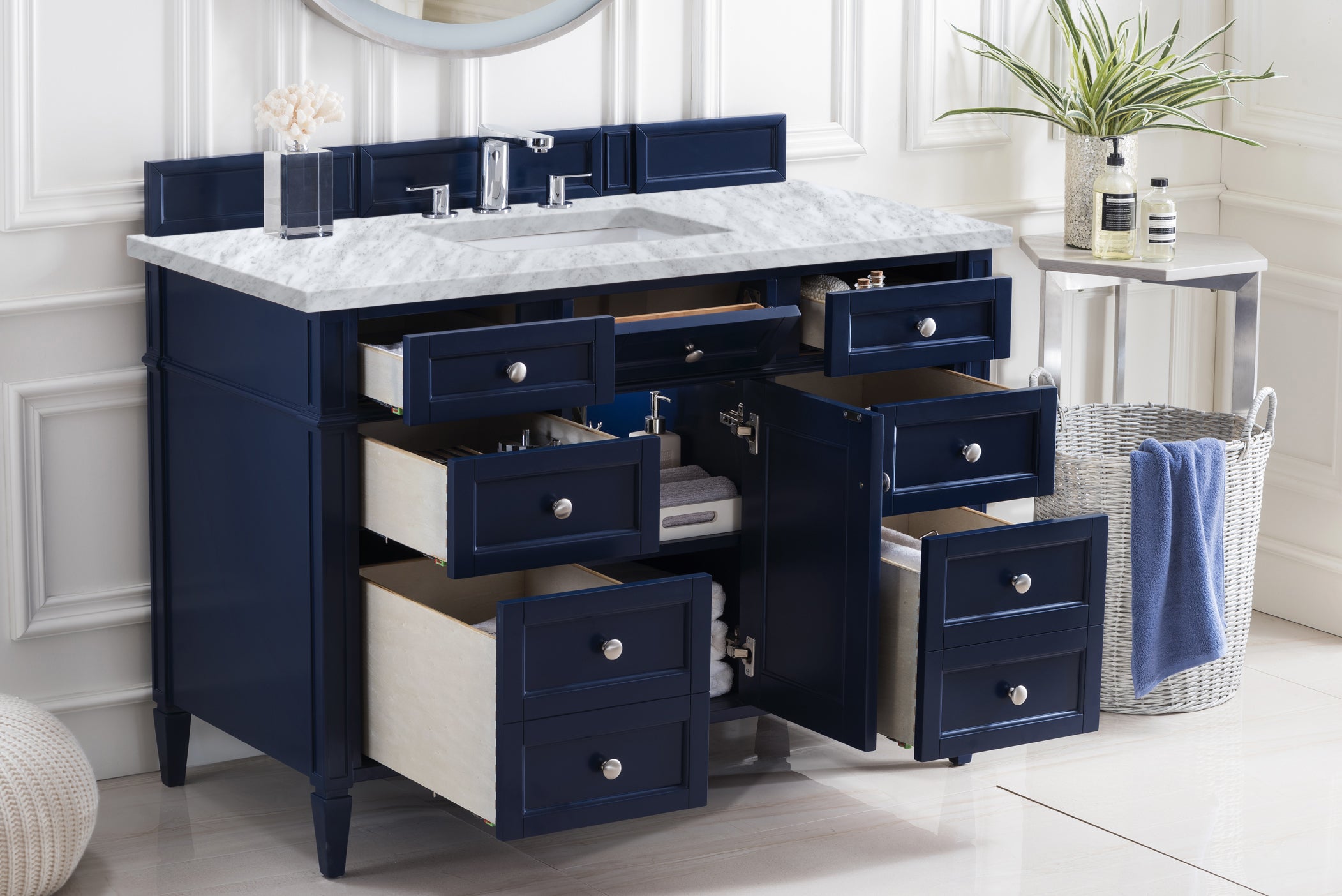 Brittany 48 Inch Single Bathroom Vanity with 3CM Carrara Marble Top in Victory Blue - Modern Sink Cabinet for Master Bath, Guest Bathroom & Powder Room