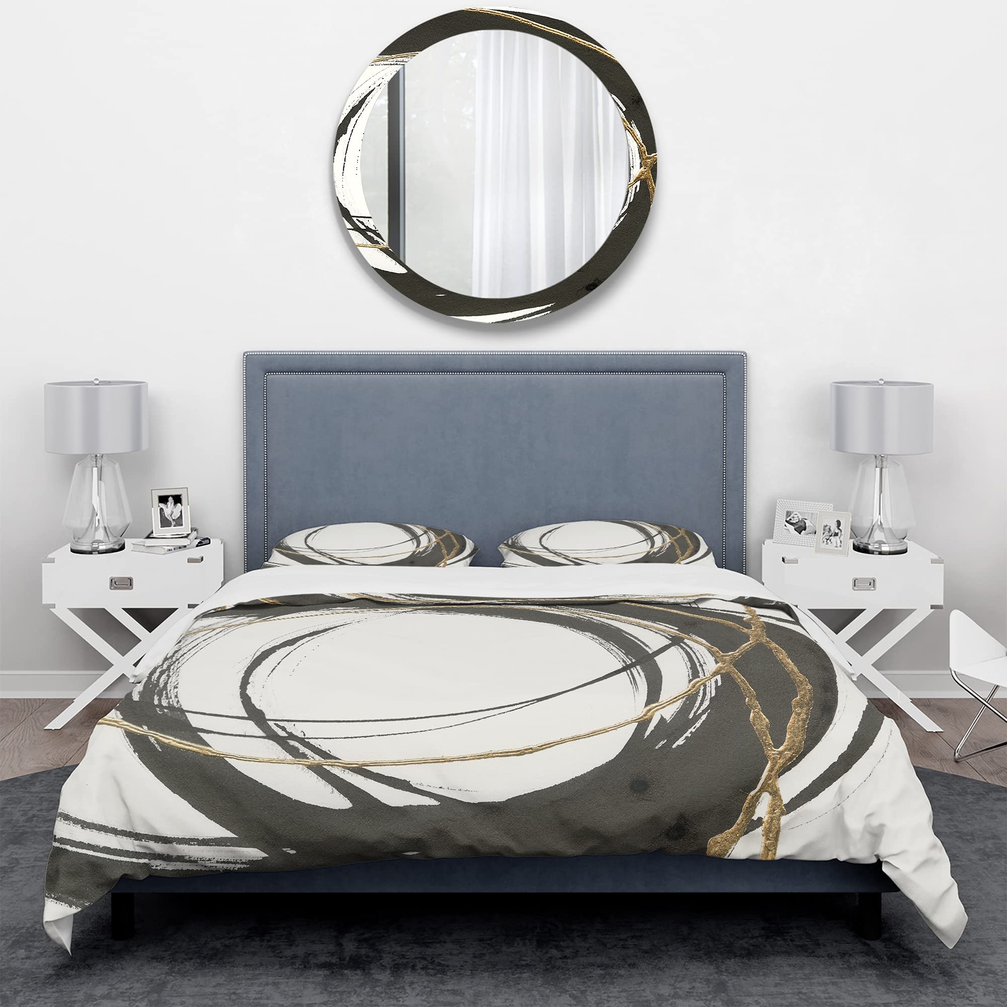 DesignQ Gold Glamour Circle III Modern Duvet Cover Set - King Size Black Abstract Bedding 3-Piece Set | All Season Contemporary Luxury Bedding for Master Bedroom & Guest Room Decor