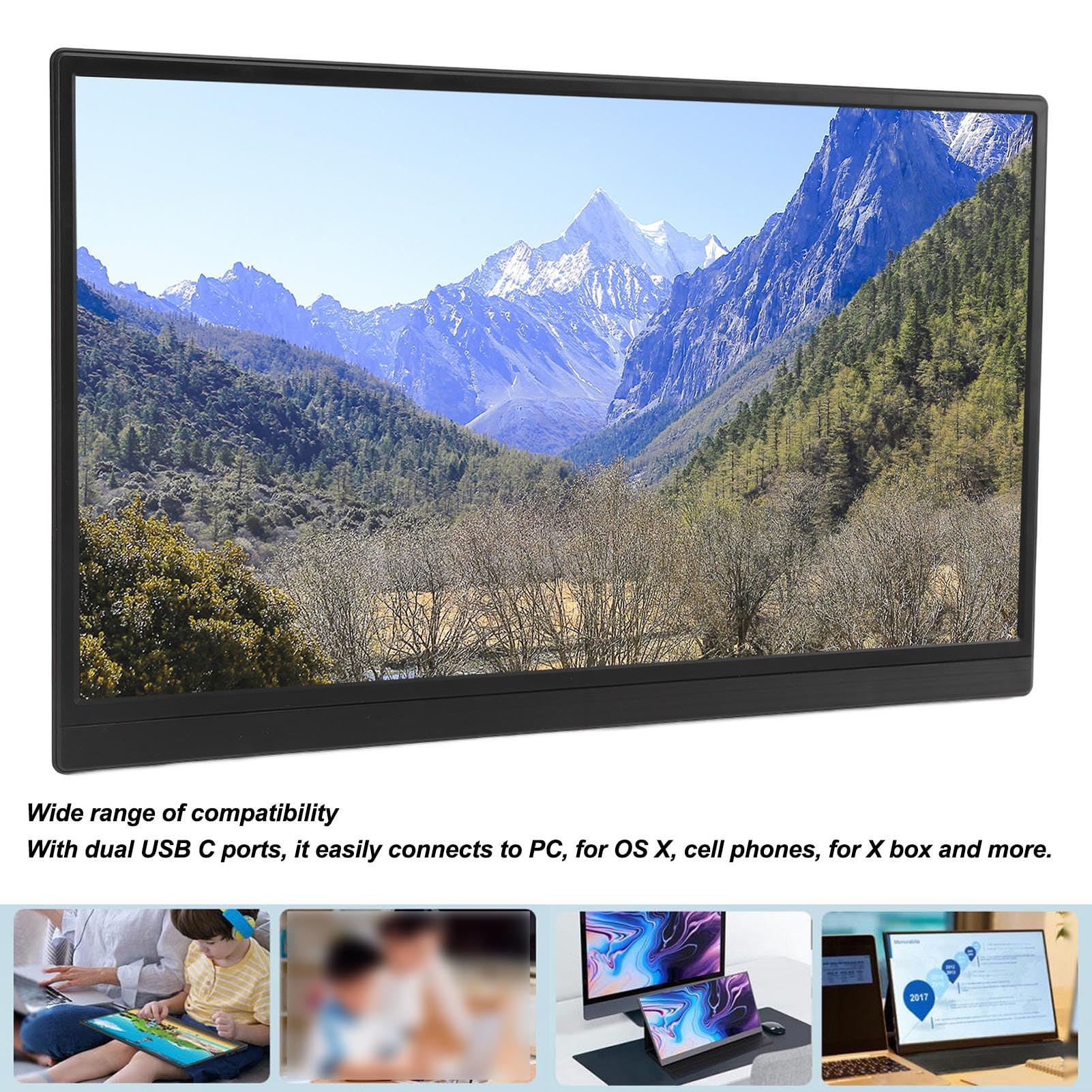 15.6 Inch IPS Portable Monitor with USB-C, Full HD 1920x1080, Ultra-Slim Design, 178° Wide Viewing Angle & 3D Stereo Sound - Perfect for Laptop, PC, Xbox, Gaming & Office Work