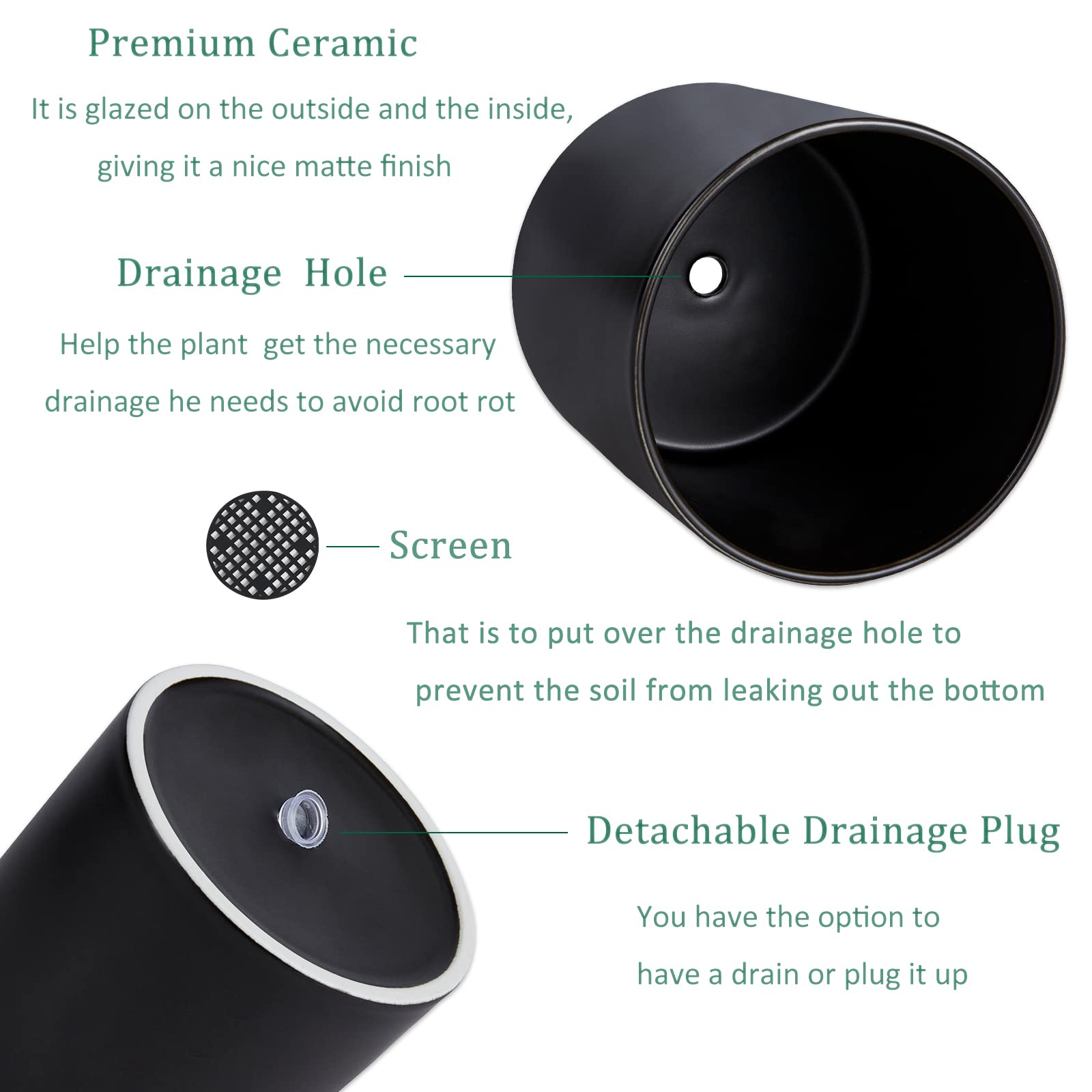 5.9 Inch Modern Black Ceramic Plant Pot with Drainage Hole & Plug - Indoor Flower Planter for Succulents, Herbs & Home Decor