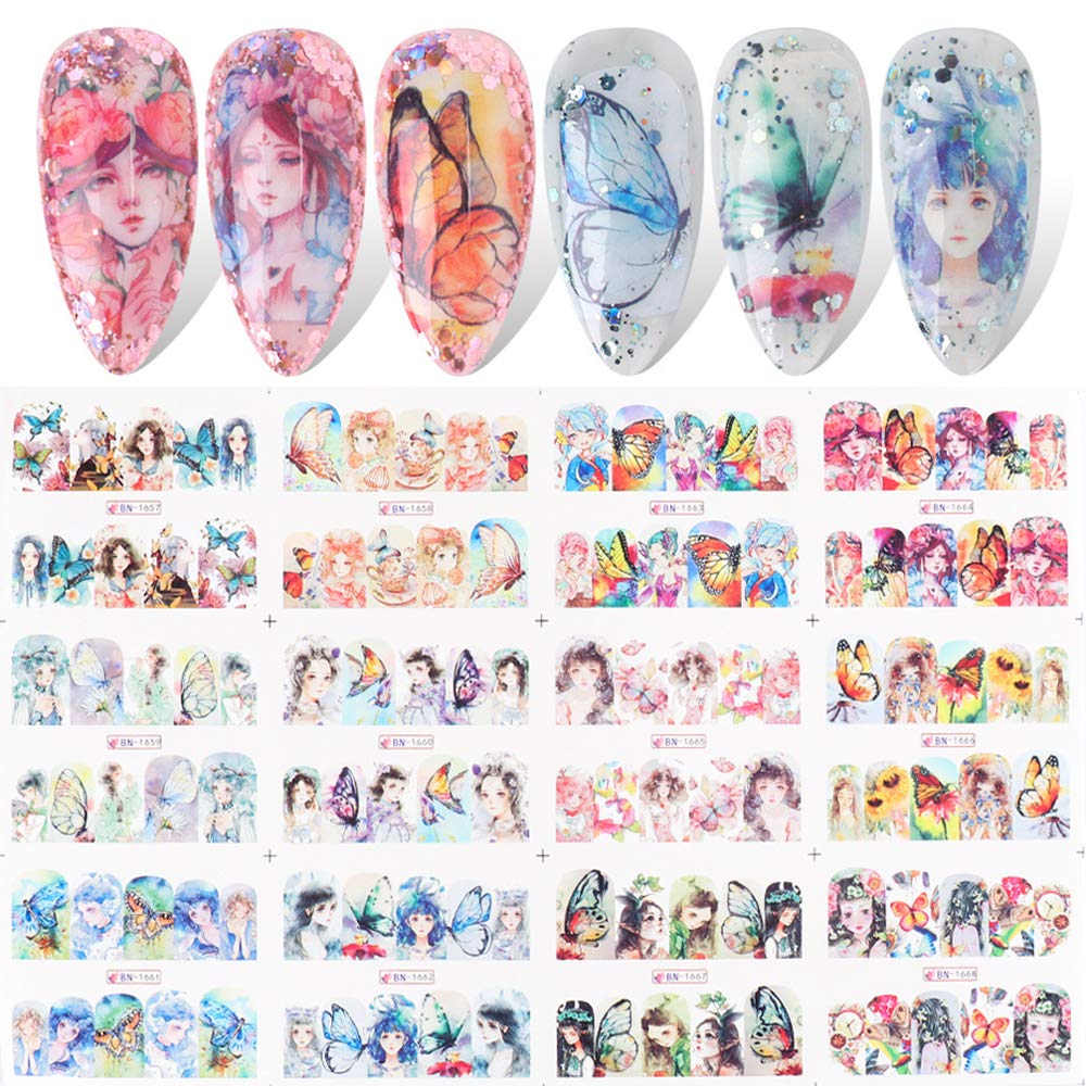 12 Sheets DIY Nail Art Water Transfer Decals - Japanese Style Butterfly & Floral Nail Tattoo Stickers for Women & Girls | Perfect for Home Manicures, Parties & Special Occasions