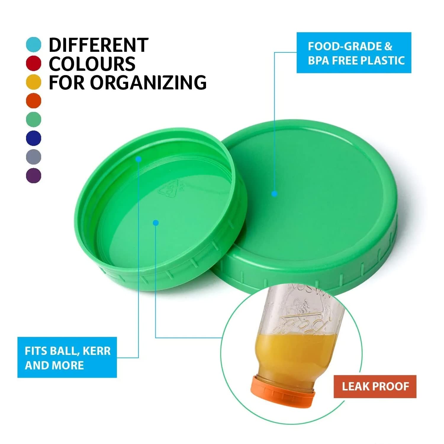 Vibrant Colored Plastic Mason Jar Lids - Airtight & Spill-Proof - Compatible with Ball, Kerr & Most Standard Jars (2.75in) - Pack of 16 - Perfect for Canning, Food Storage, DIY Crafts & Home Organization
