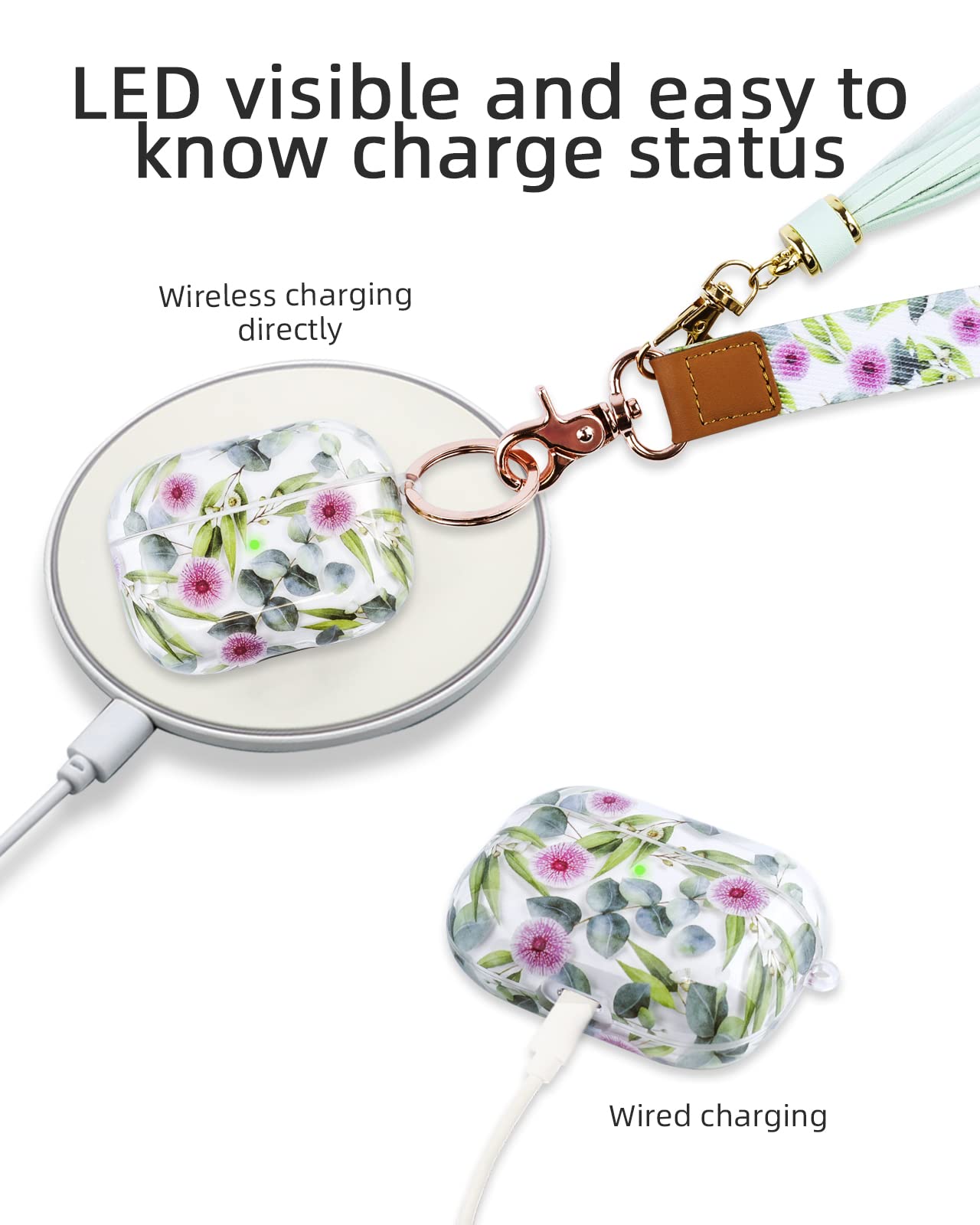 OULRAEFS Cute Hard Protective Case Cover with Wristlet Keychain & Lanyard for AirPods Pro (2019) - Clear Eucalyptus Design - Perfect Gift for Women & Girls - Ideal for Travel, Gym, and Everyday Use