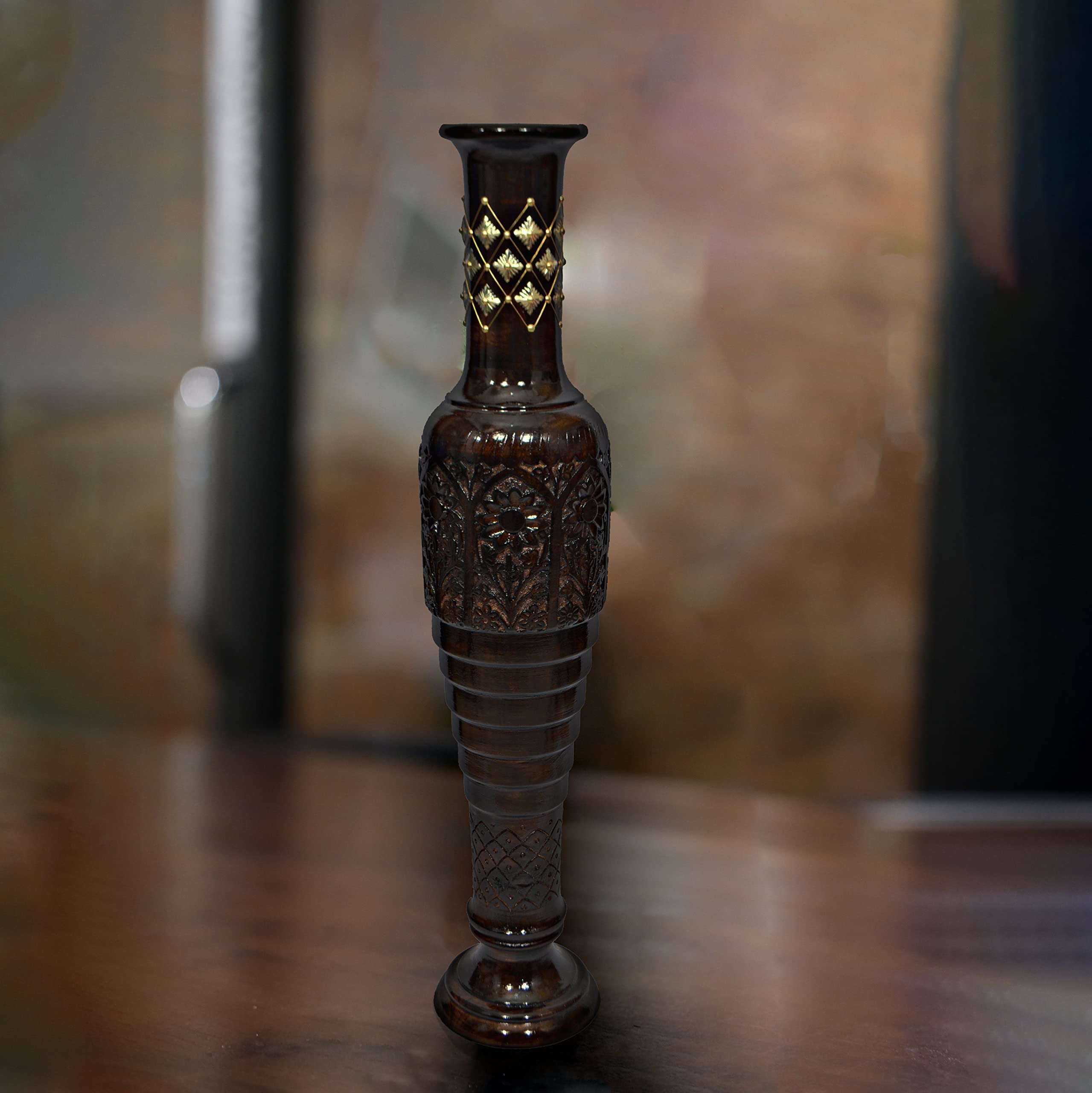 Antique Decorative Hand Carved Brown Mango Wood Floor Vase with Unique Textured Pattern - 37 Inch Tall Flower Vase for Home Decor, Living Room Centerpiece, Wedding & Event Decoration - QI004010