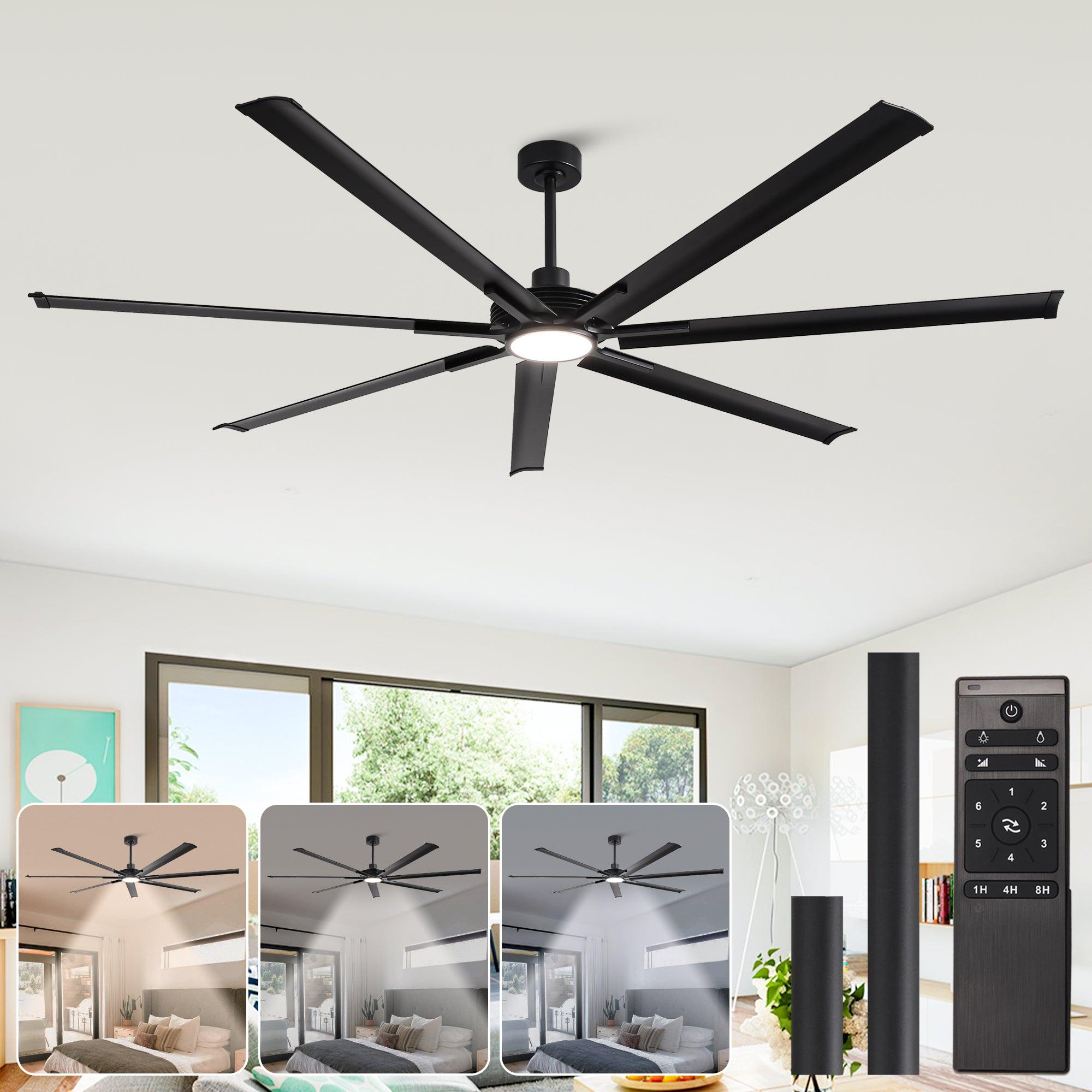 84 Inch & 100 Inch Large Black Ceiling Fan with Remote Control - Dimmable LED Light, Quiet Reversible Motor for Living Room, Bedroom, Patio - Energy Efficient Modern Home Cooling Solution