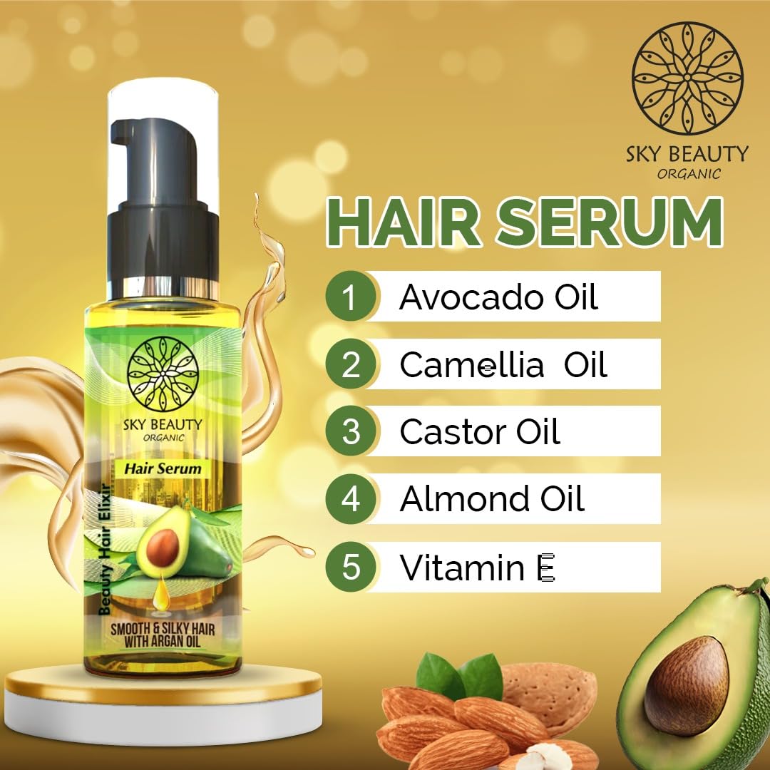 Sky Beauty Organic Hair Serum with Argan Oil - 100g Smooth & Silky Hair Treatment | Perfect for Daily Frizz Control, Heat Protection & Split End Repair