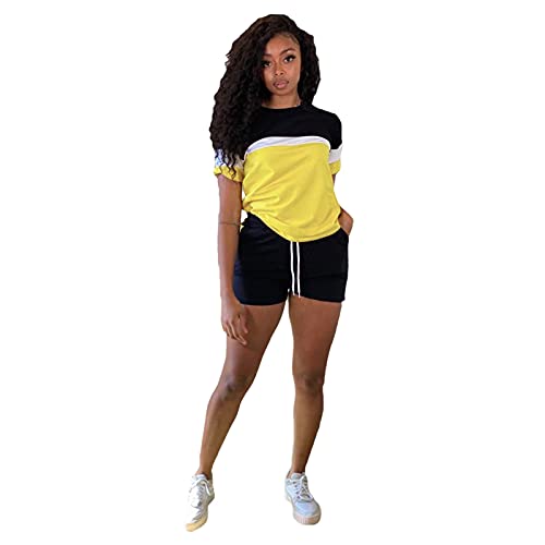 Women's Casual 2-Piece Short Outfit Set - Stitched Shorts & Color Block Sleeve Top (Yellow, Large) | Summer Streetwear, Beach Vacation & Christmas Party Outfits