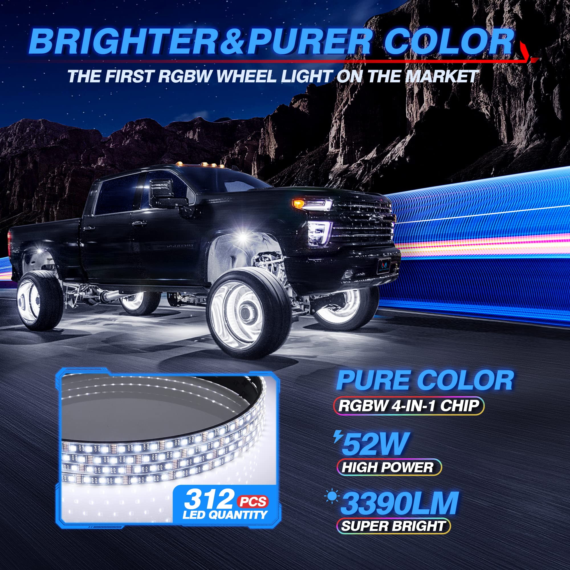 MICTUNING 17.5 Inch RGBW LED Wheel Ring Lights Kit - APP Controlled Neon Wheel Rim Lights with Turn Signal, Braking & Music Sync (4 Pack) - Perfect for Car Customization, Night Driving & Car Shows