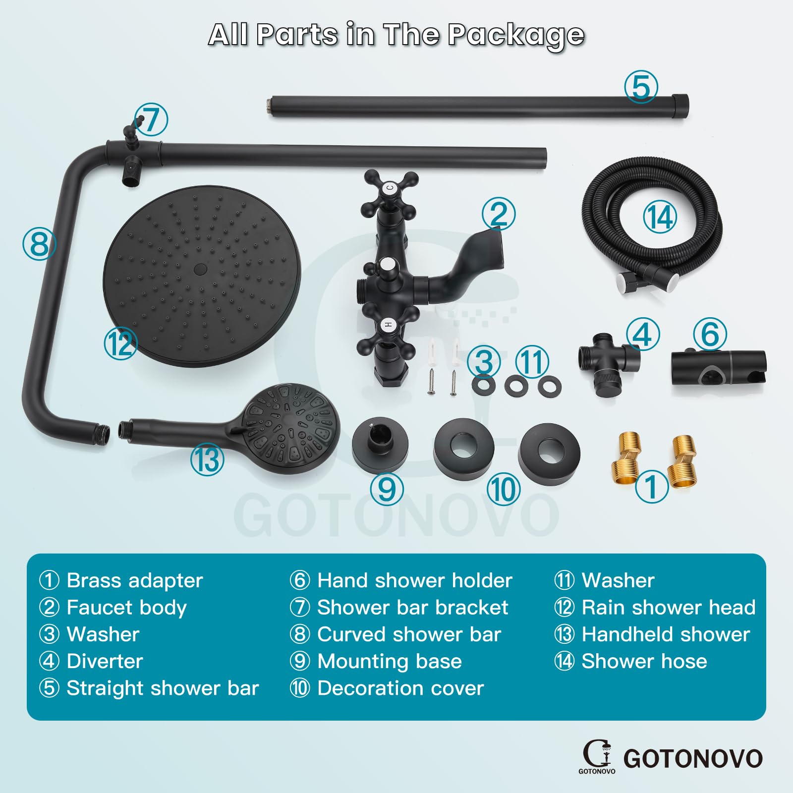 Gotonovo 8 Inch Exposed Shower System - Matte Black Rainfall Showerhead with 3-Function Spray, Tub Spout & 2 Cross Handles for Bathroom Remodeling | Perfect for Master Bath, Guest Bath & Spa-Like Shower Experience
