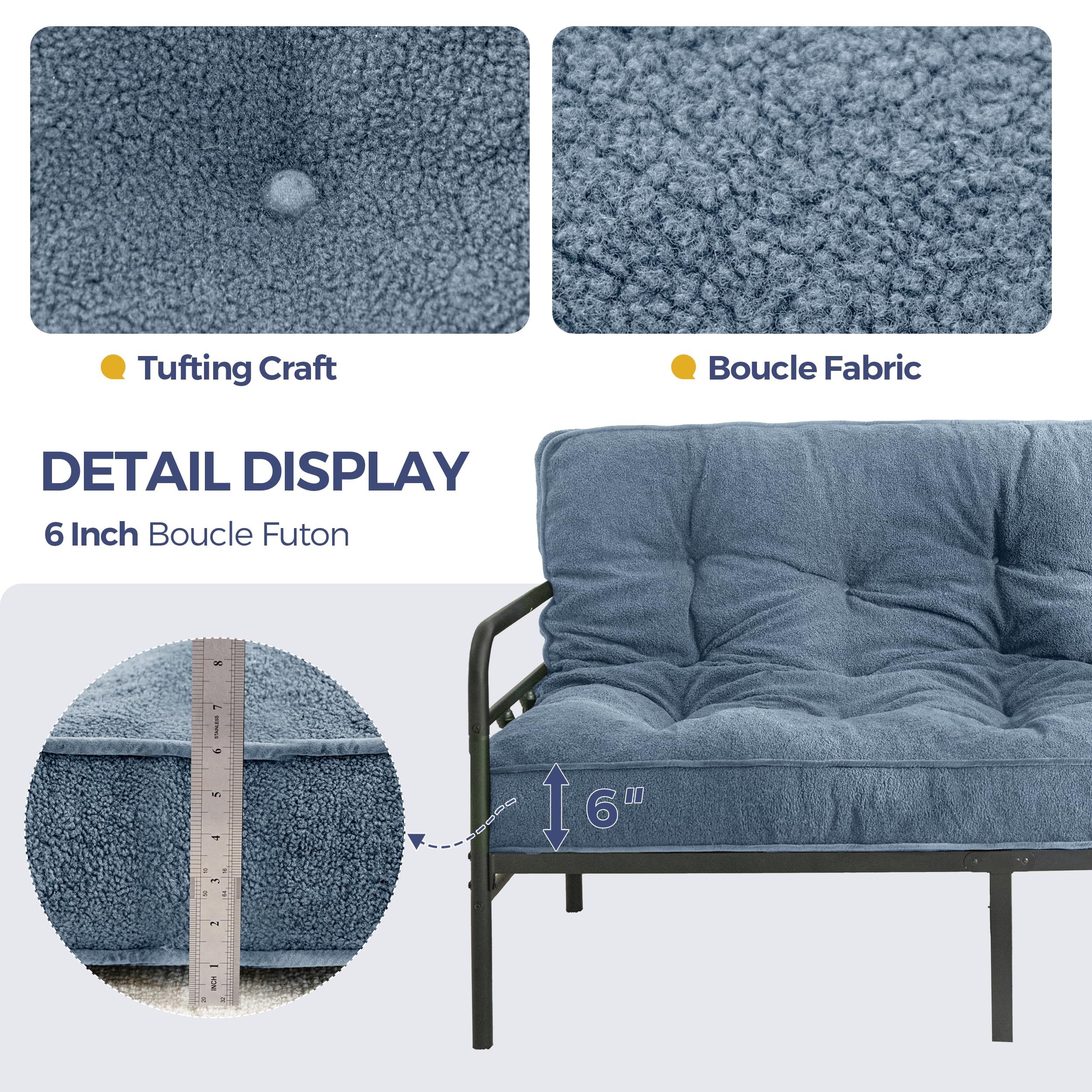 MAXYOYO 6 Inch Full Size Futon Mattress - Thick Boucle Sofa Bed with Shredded Foam Filling for Adults, Dusty Blue | Convertible Sleeper, Floor Mattress & Guest Bed Solution (Frame Not Included)