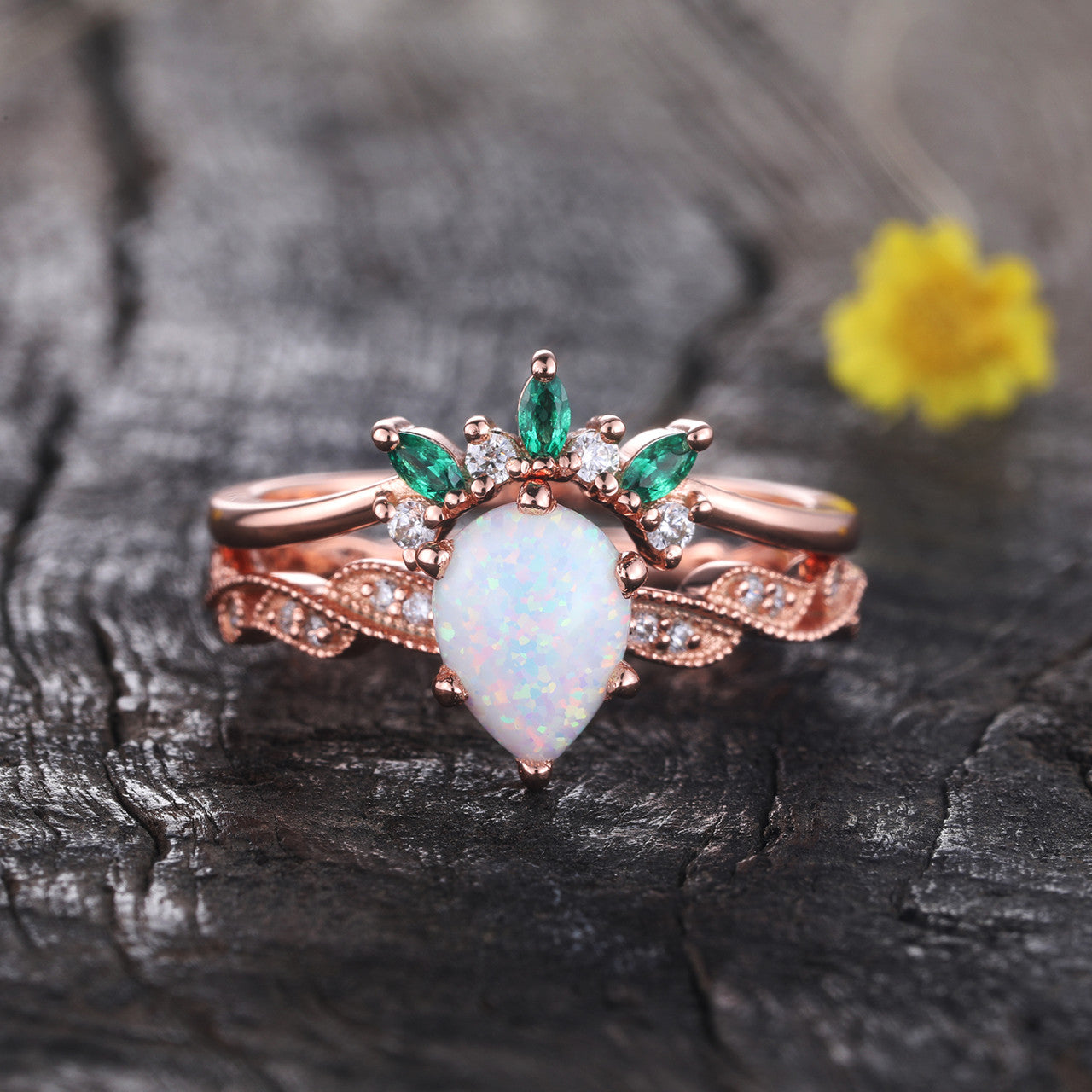 Opal Ring Set for Women - Pear Cut Opal Engagement Ring with Emerald Diamond Matching Band in Rose Gold | Wedding, Anniversary & Special Occasion Jewelry Gift