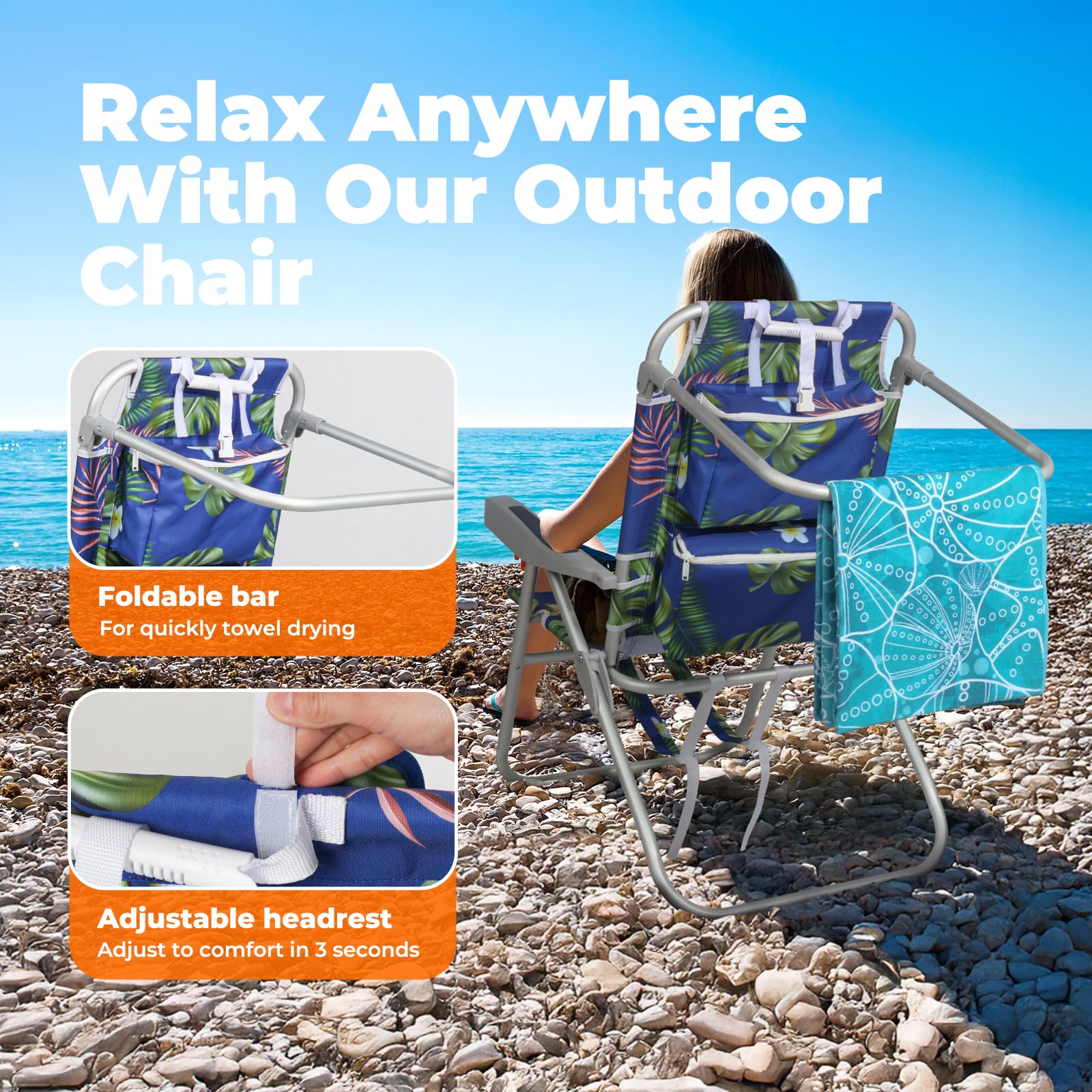 Best Tall Beach Chairs for Adults - 5-Position Reclining Backpack Chair with Large Insulated Cooler & Storage Pocket, Durable Aluminum Frame, Portable Folding Design for Travel, Camping & Outdoor Activities, Supports 300lbs - Tropical Palm Print for Beach, Poolside & Backyard Relaxation
