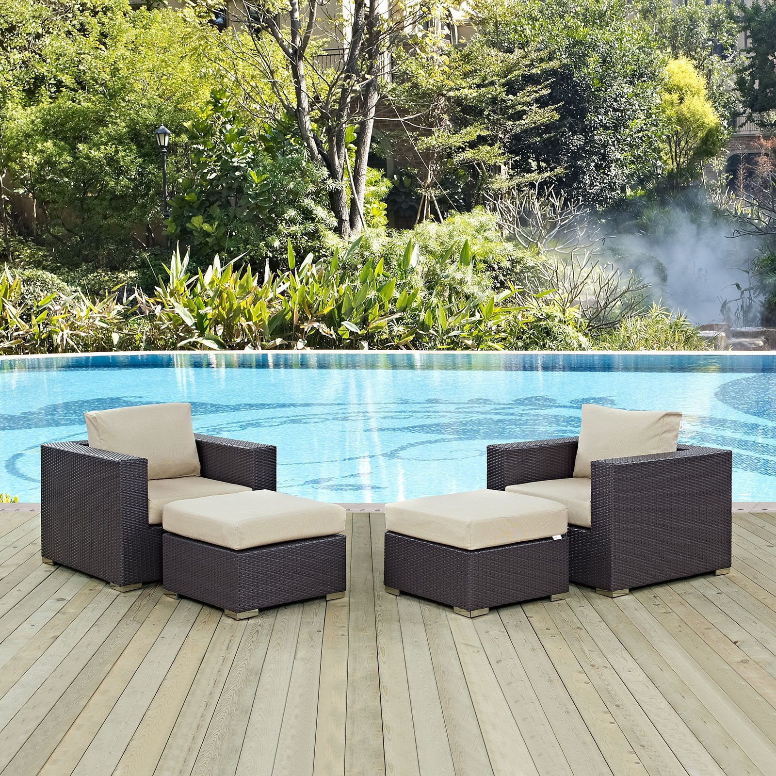 Modway Convene 4-Piece Outdoor Patio Furniture Set - Wicker Rattan Sofa & Chairs in Espresso Beige for Backyard, Garden & Poolside Relaxation